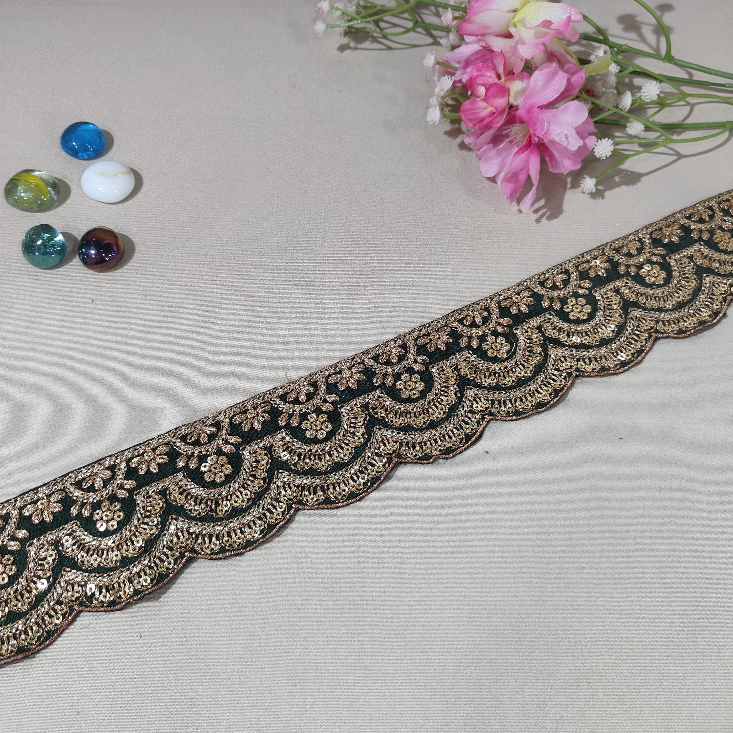 Dark Green Zari Sequins Embroidery Lace 15855 - Image 2