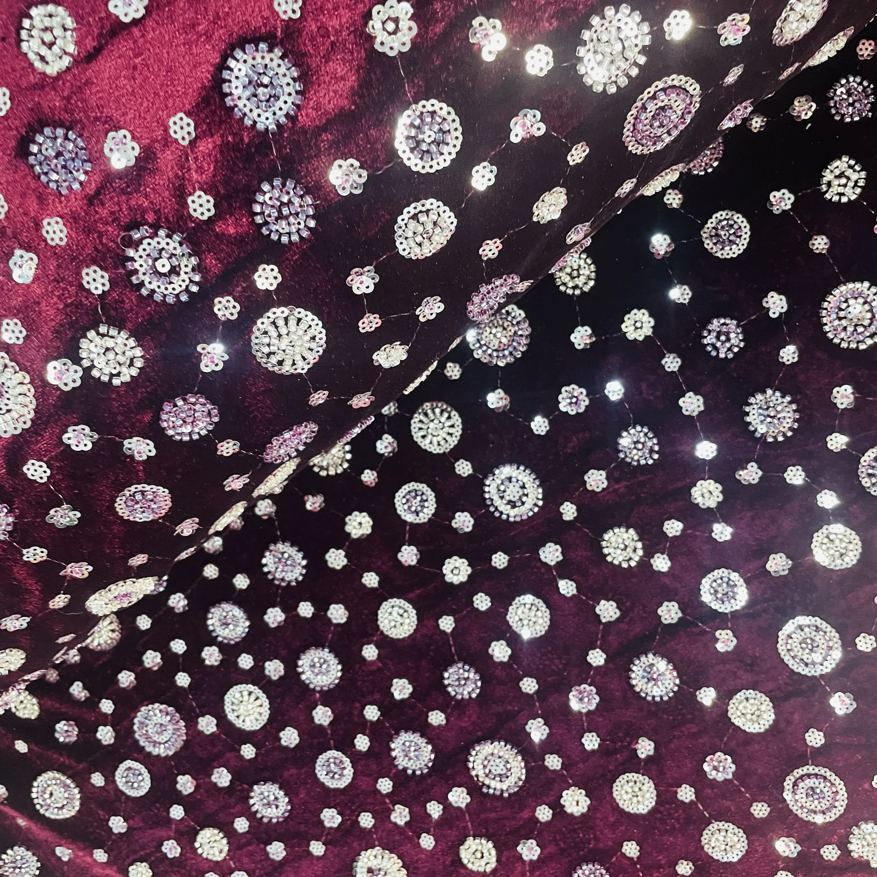 Dark Maroon Cutdana Sequins Embroidery Valvet Fabric 19703 - Image 2