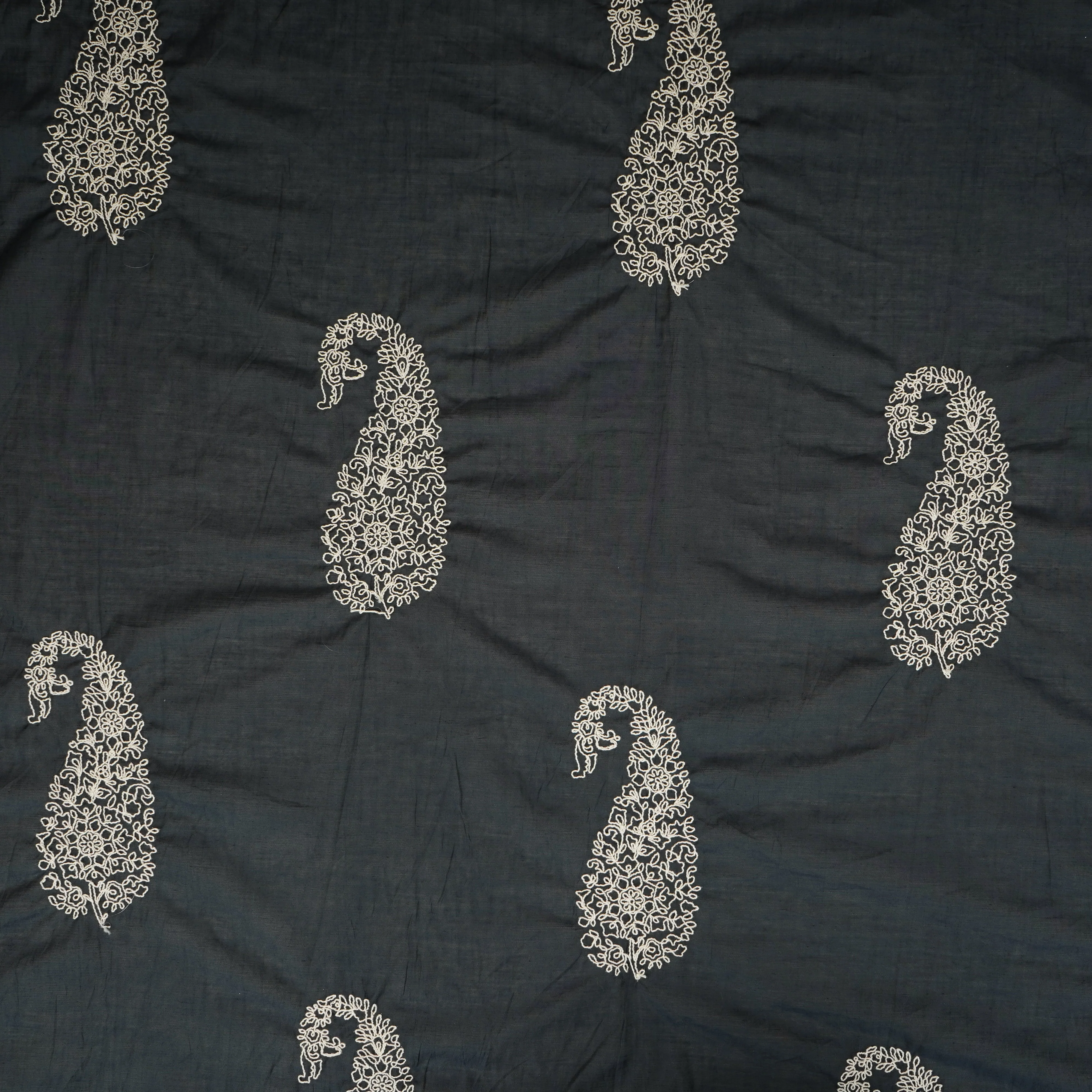 Dark Navy Blue Paisley Embroidery Mul Chanderi Fabric DC-29911 - Image 2