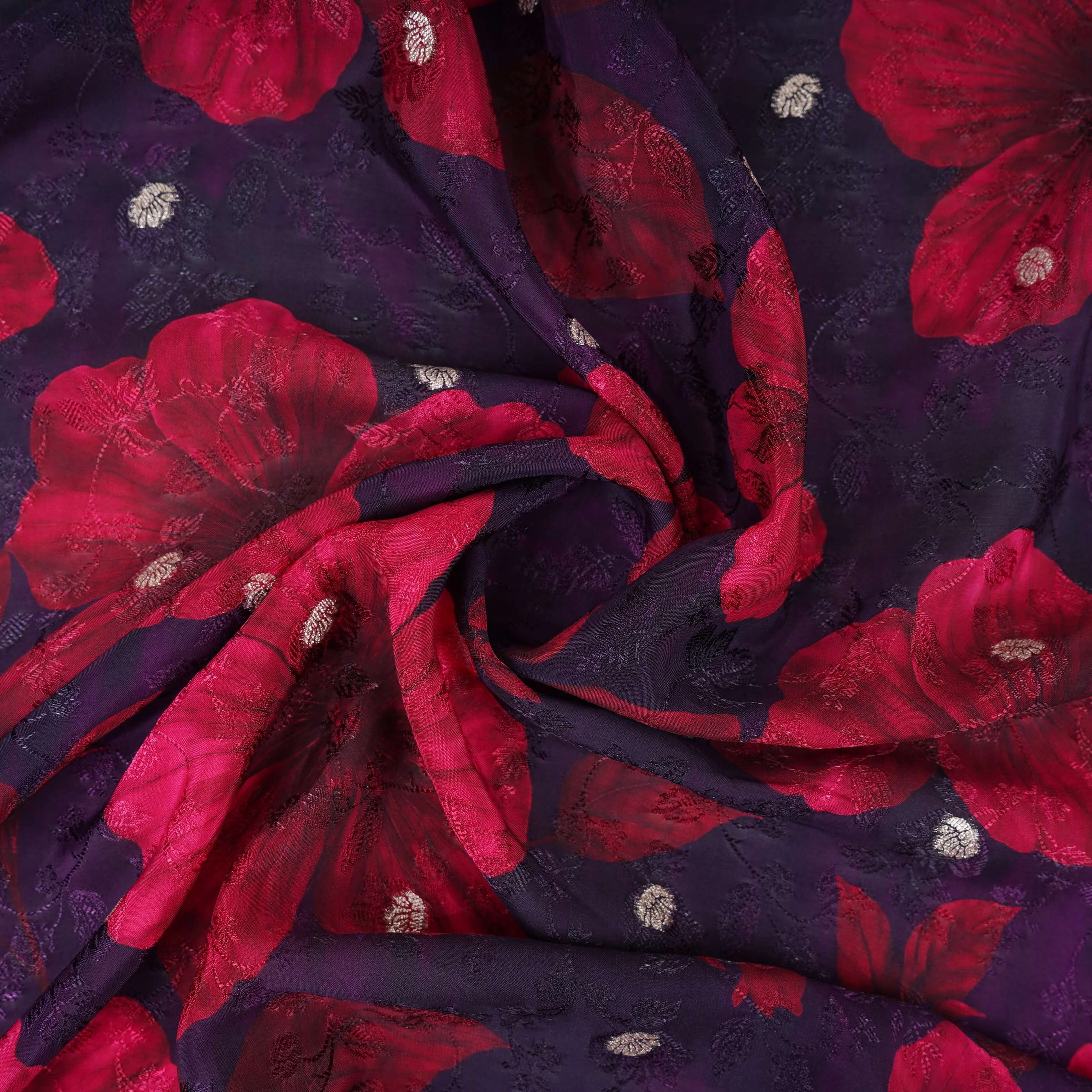 Dark Purple floral zari jacquard Pure Bemberg Crepe Fabric MTF-31809 - Image 4