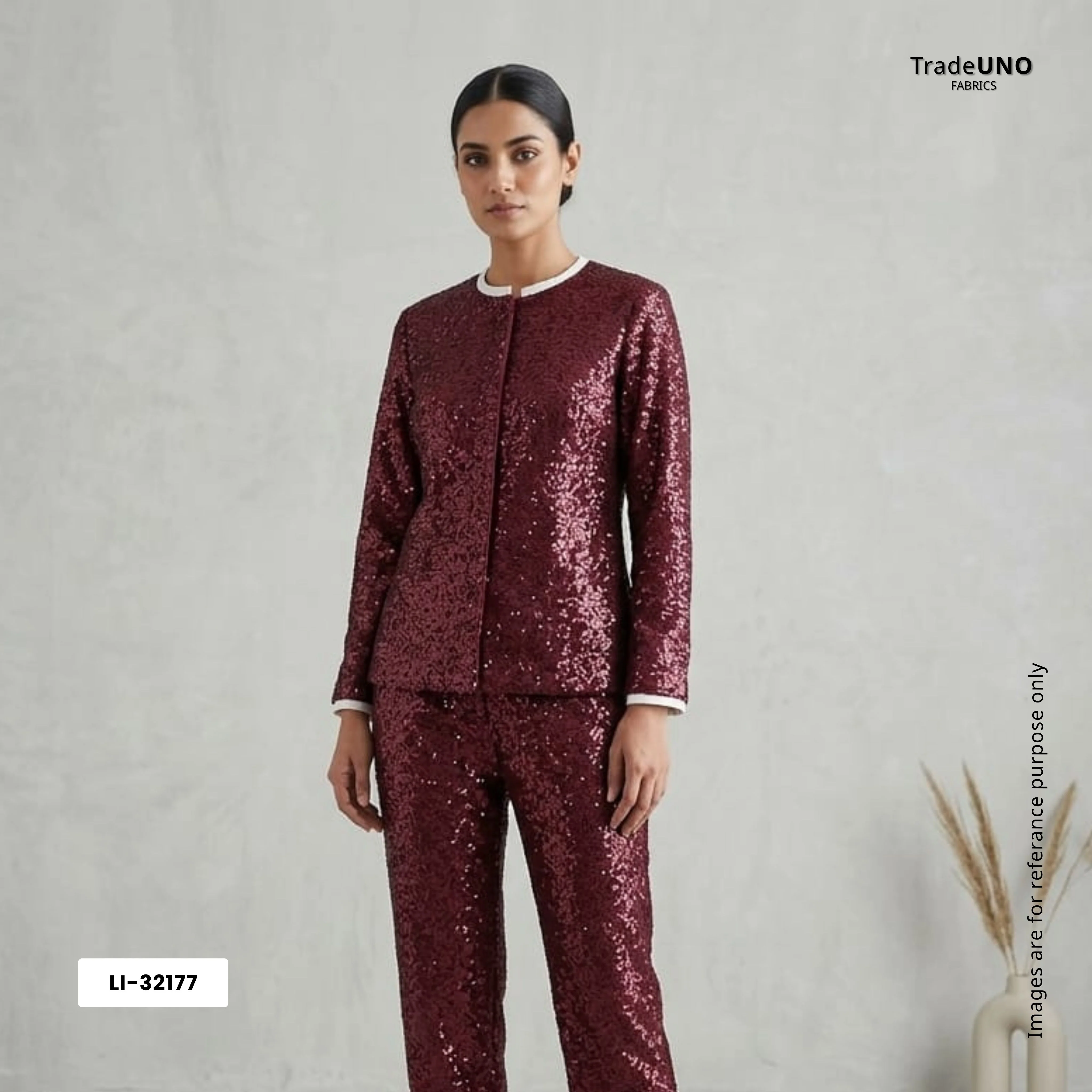 Dark Red Sequins Embroidery Net Fabric LI-32177 - Image 6