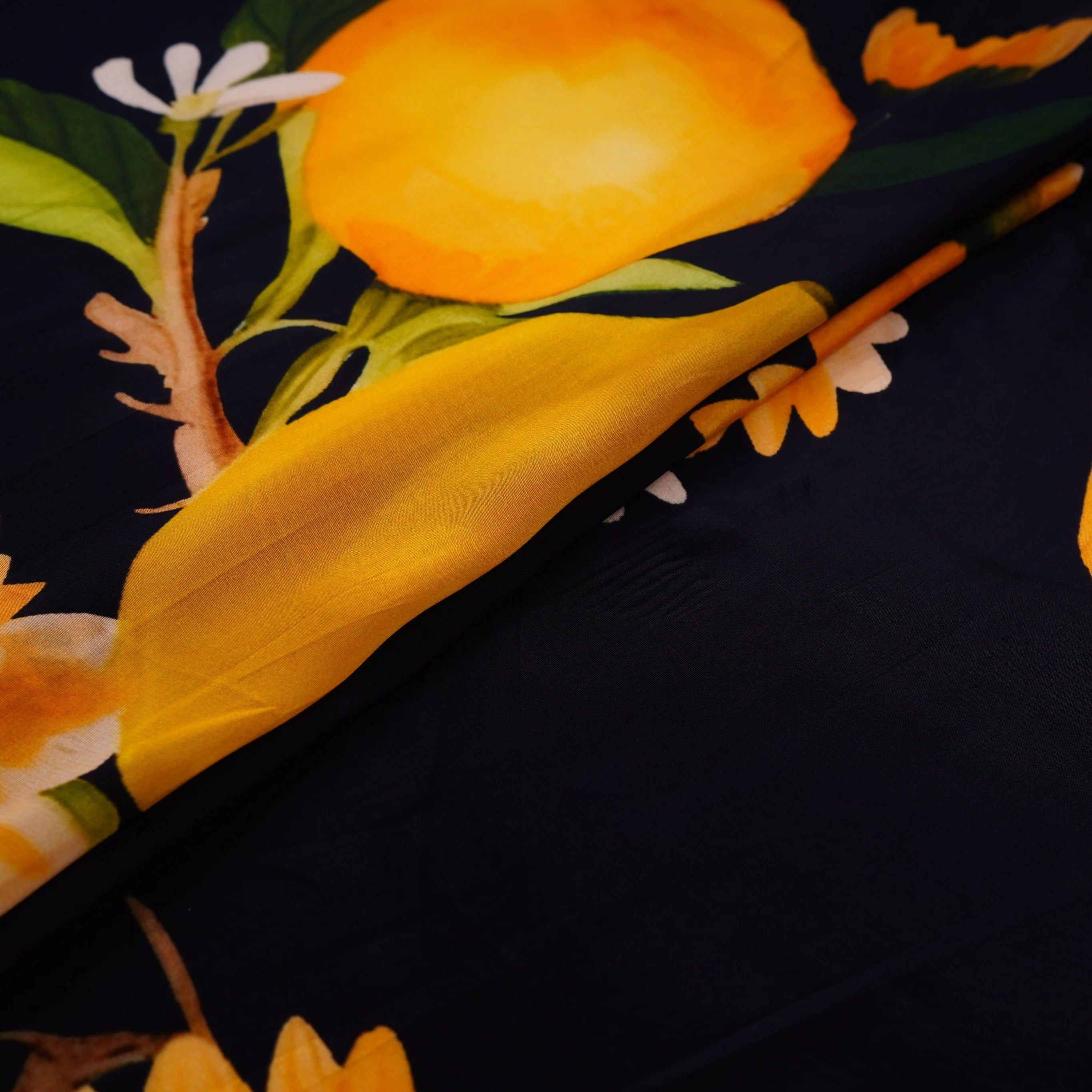 Deep Navy Blue with Yellow floral print Crepe Fabric NVC-31823 - Image 4