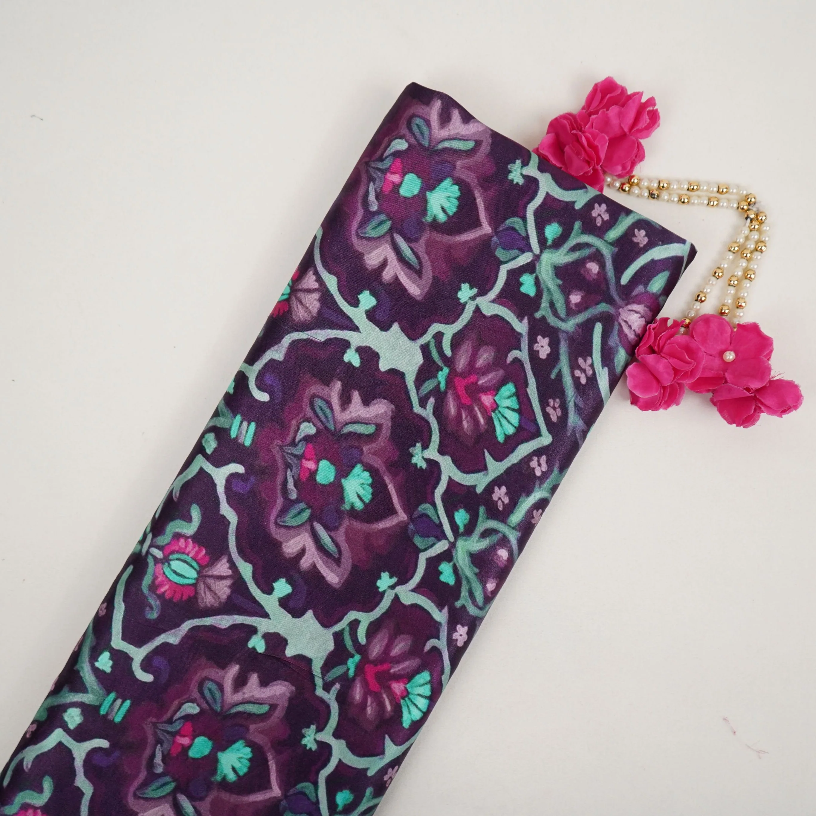 Deep Wine Mughal floral print Bemberg Modal Silk Fabric KTP-31401