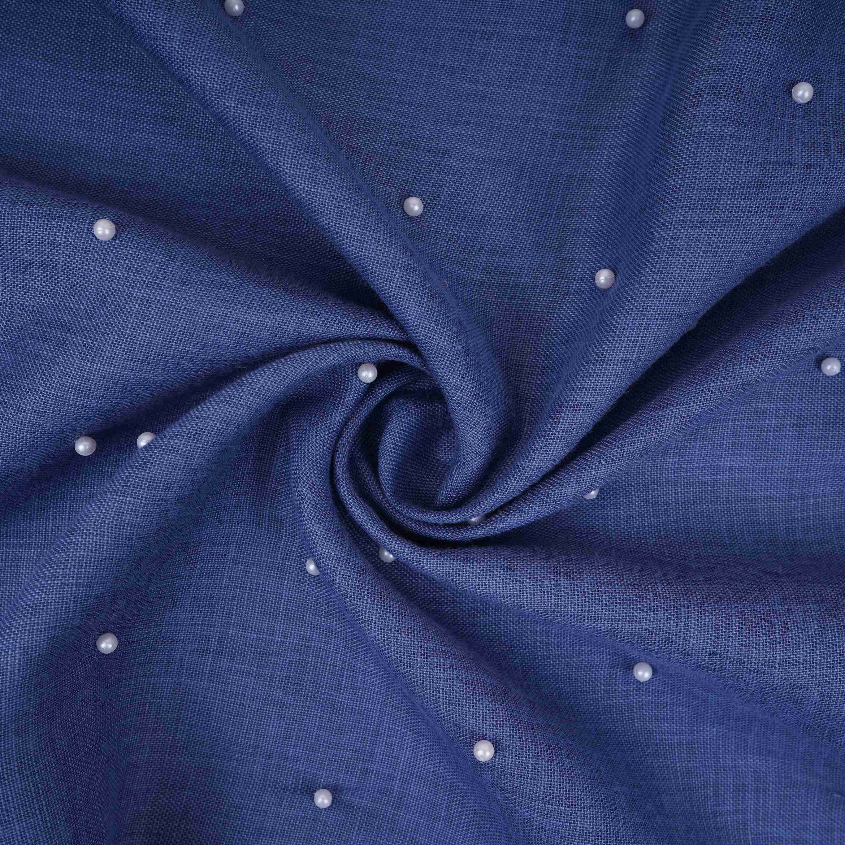 Denim Blue Beads Work Linen Fabric SU-31875 - Image 3