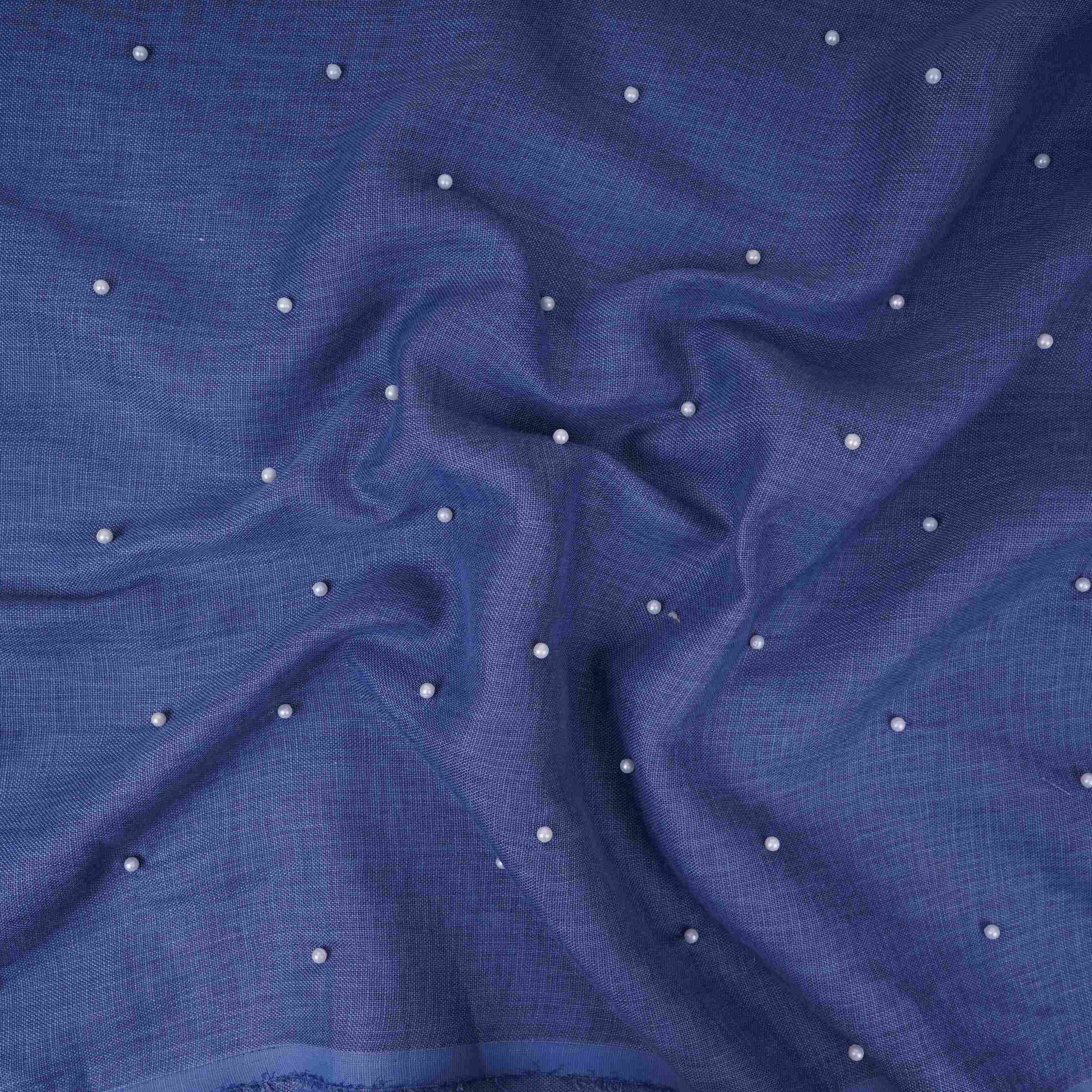 Denim Blue Beads Work Linen Fabric SU-31875 - Image 5