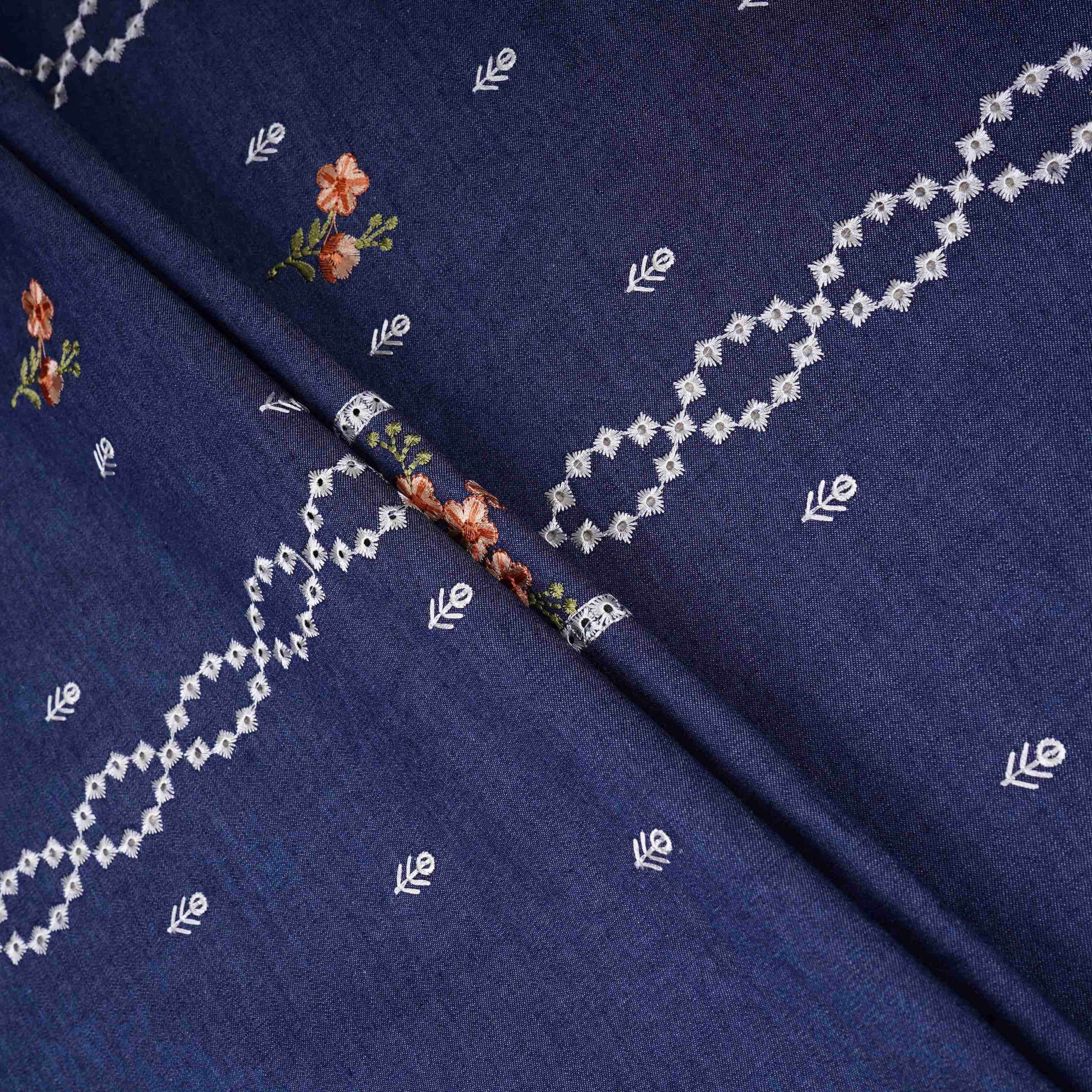Denim Blue Floral Embroidery Denim Schiffli Fabric AF-30933 - Image 4