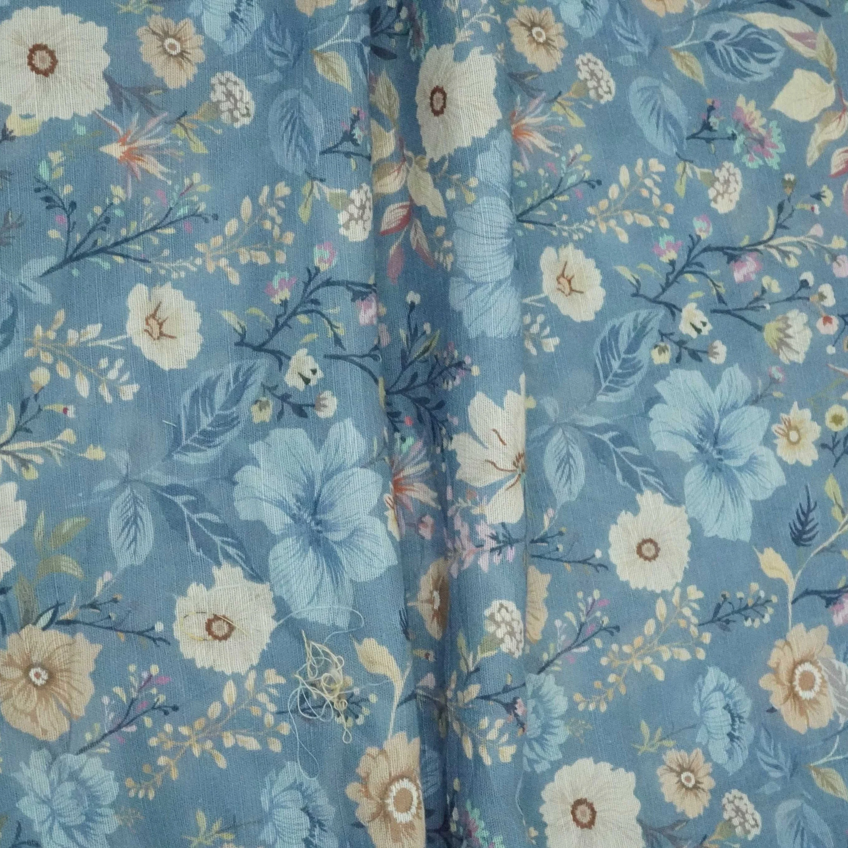 Denim Blue Floral Print Cotton Linen Fabric RT-30912 - Image 5