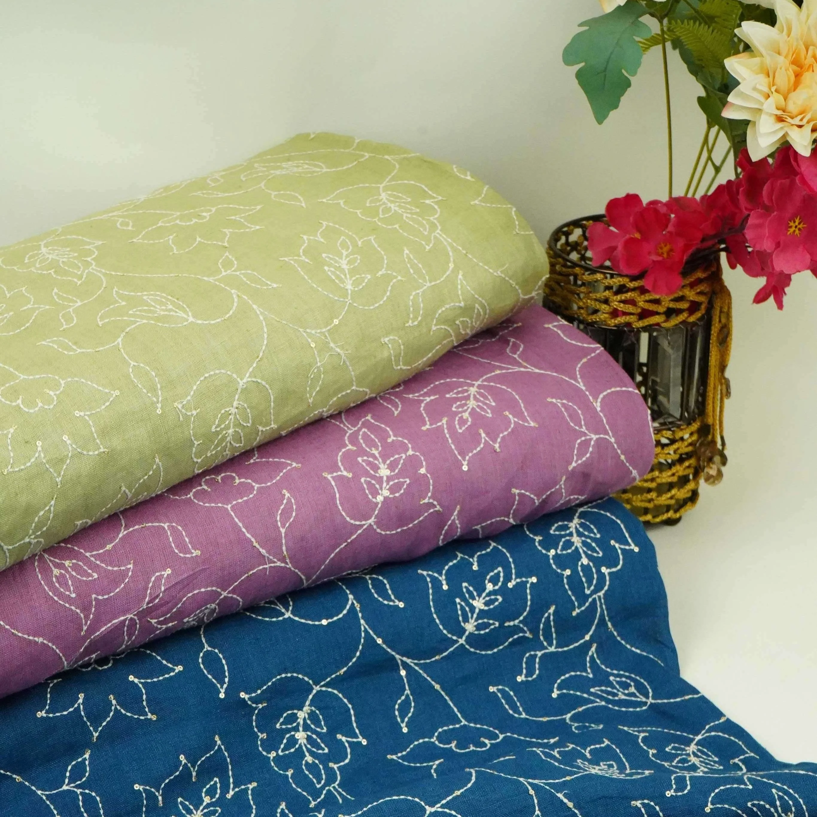 Denim Blue thread embroidery Pure Linen Fabric SN-31240 - Image 5