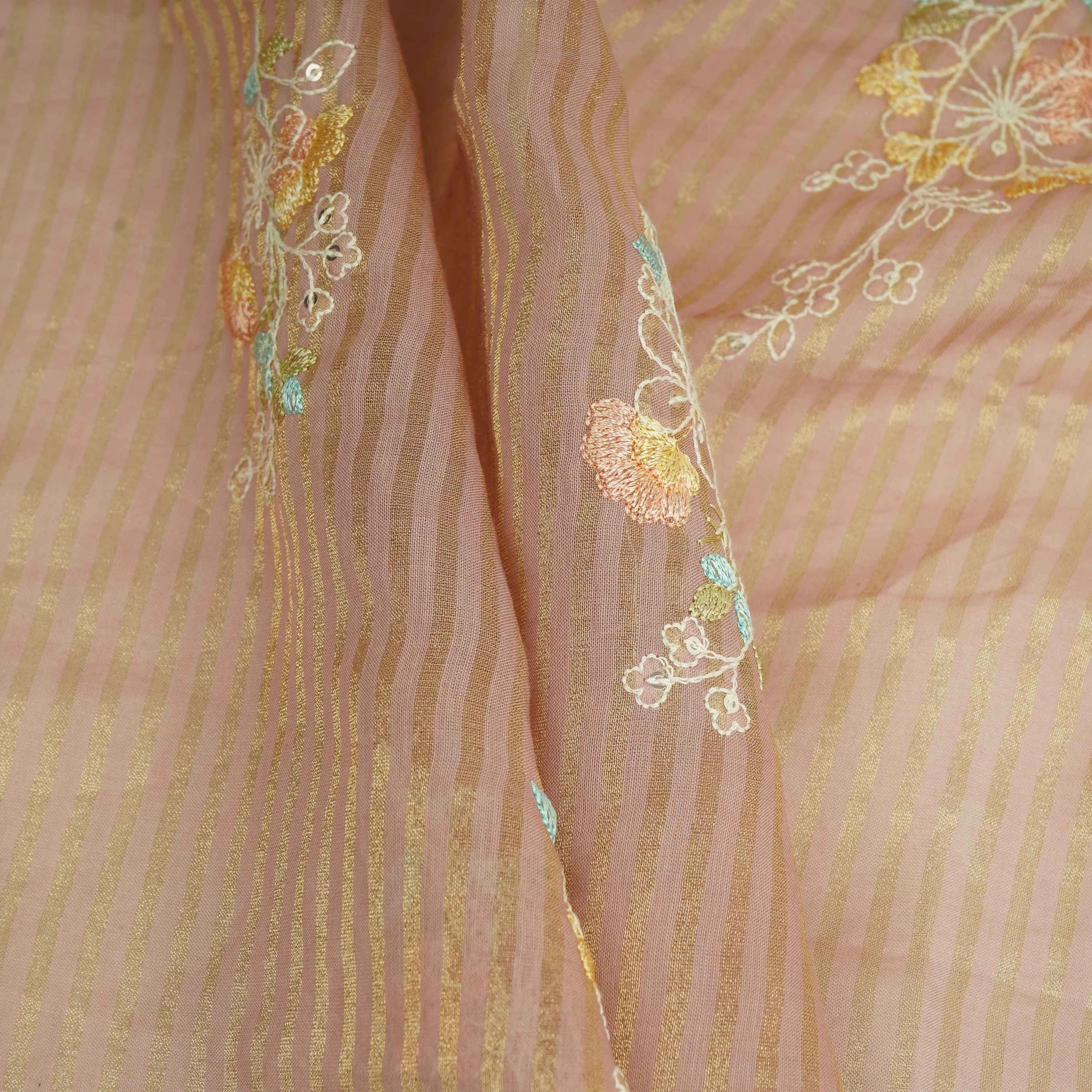 Dusty Rose Zari Stripes floral thread embroidery Malai Chanderi Fabric VFS-31540 - Image 4
