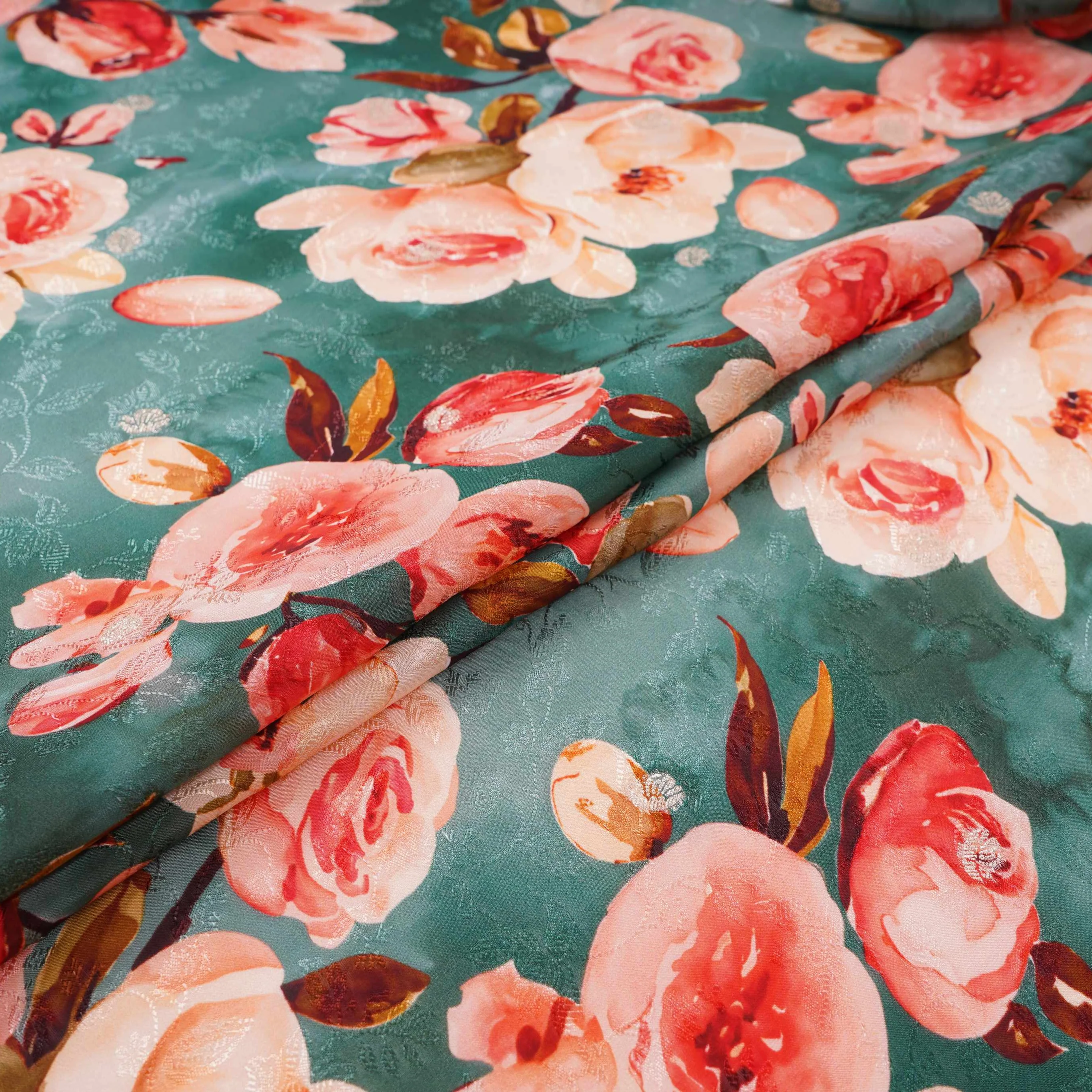 Emerald Green floral zari jacquard Pure Bemberg Crepe Fabric MTF-31804 - Image 5