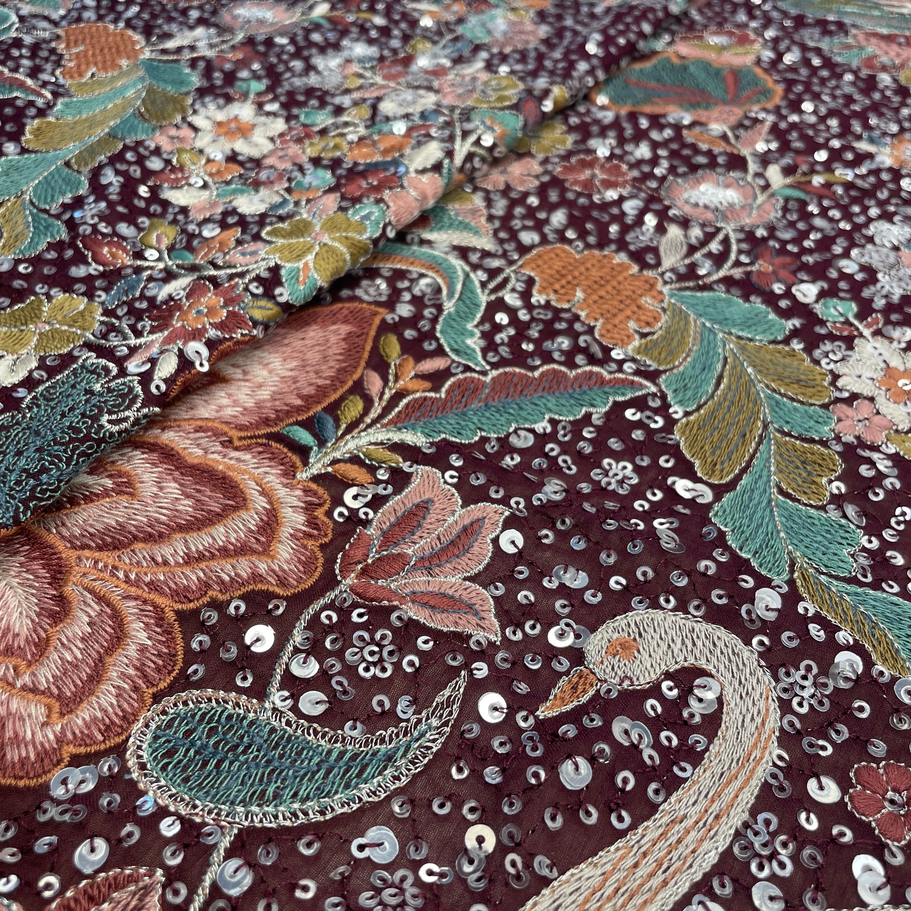 Exclusive Purple Floral Traditional Sequins Embroidery Georgette Fabric - Image 4