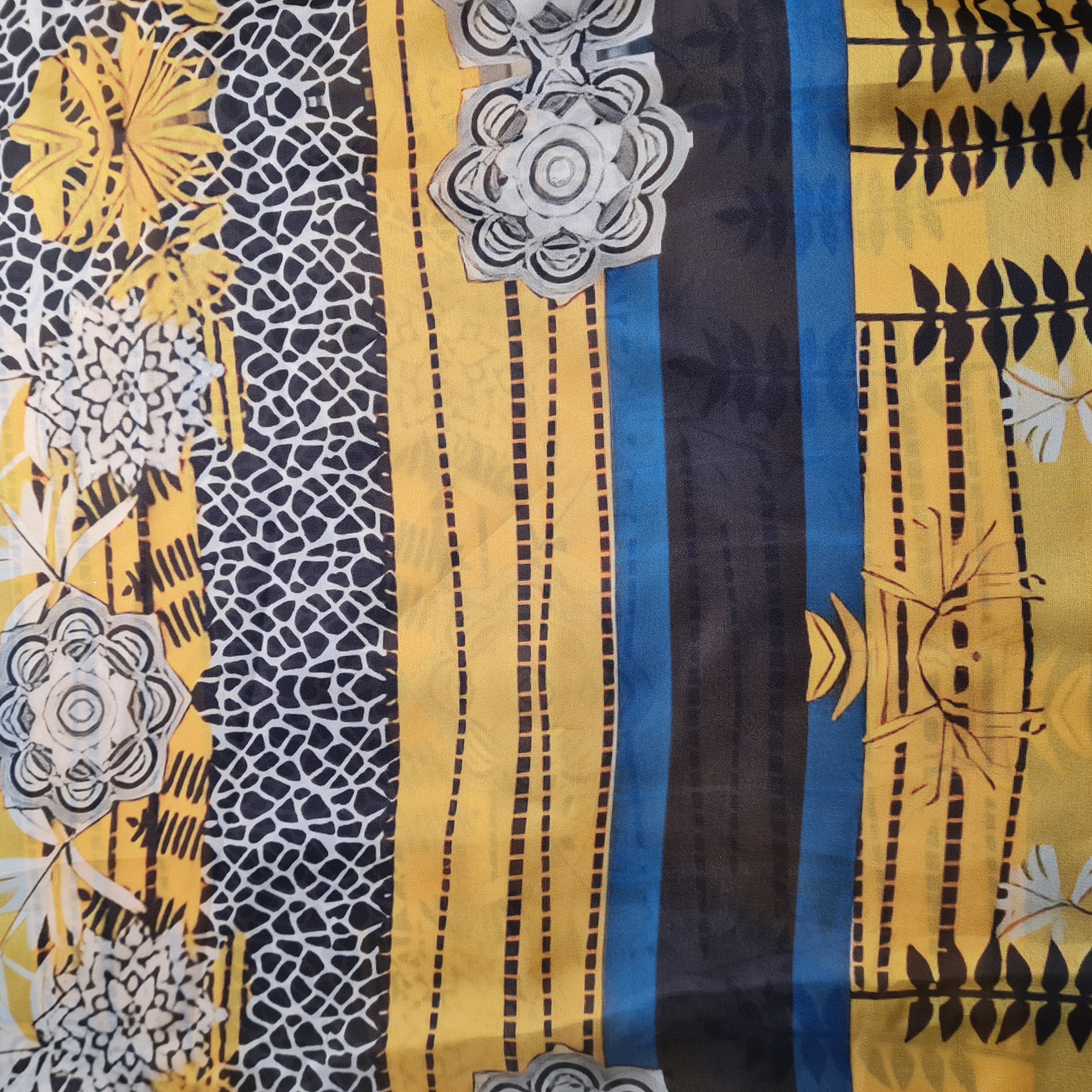 Exclusive Satin Georgette Yellow Black Sequins Floral Print Fabric - Image 2