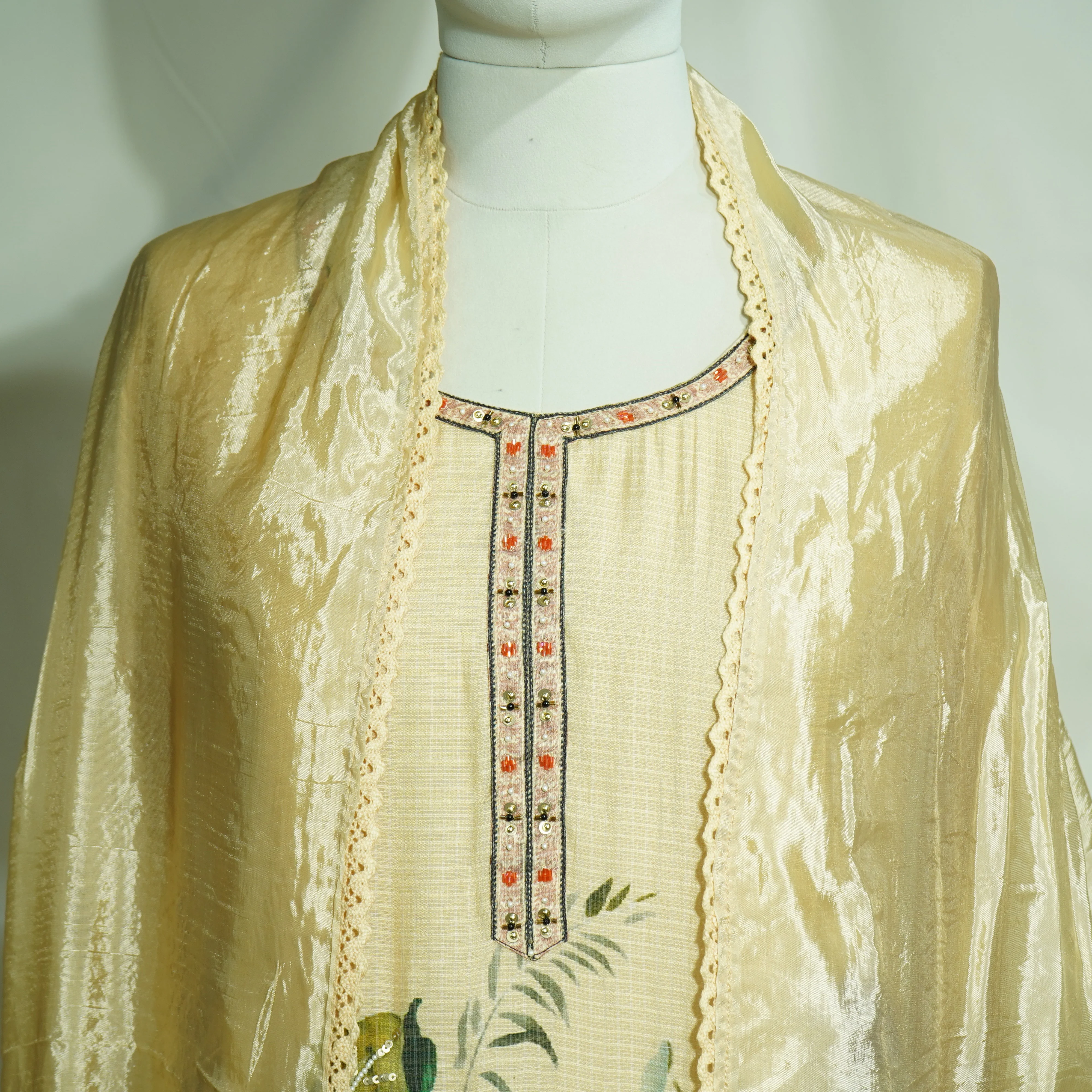 Exclusive Suit Set With Dupatta (Cotton Silk, Dupatta-Muslin Silk Dark Creame Sequins Embroidery Fabric - Image 3