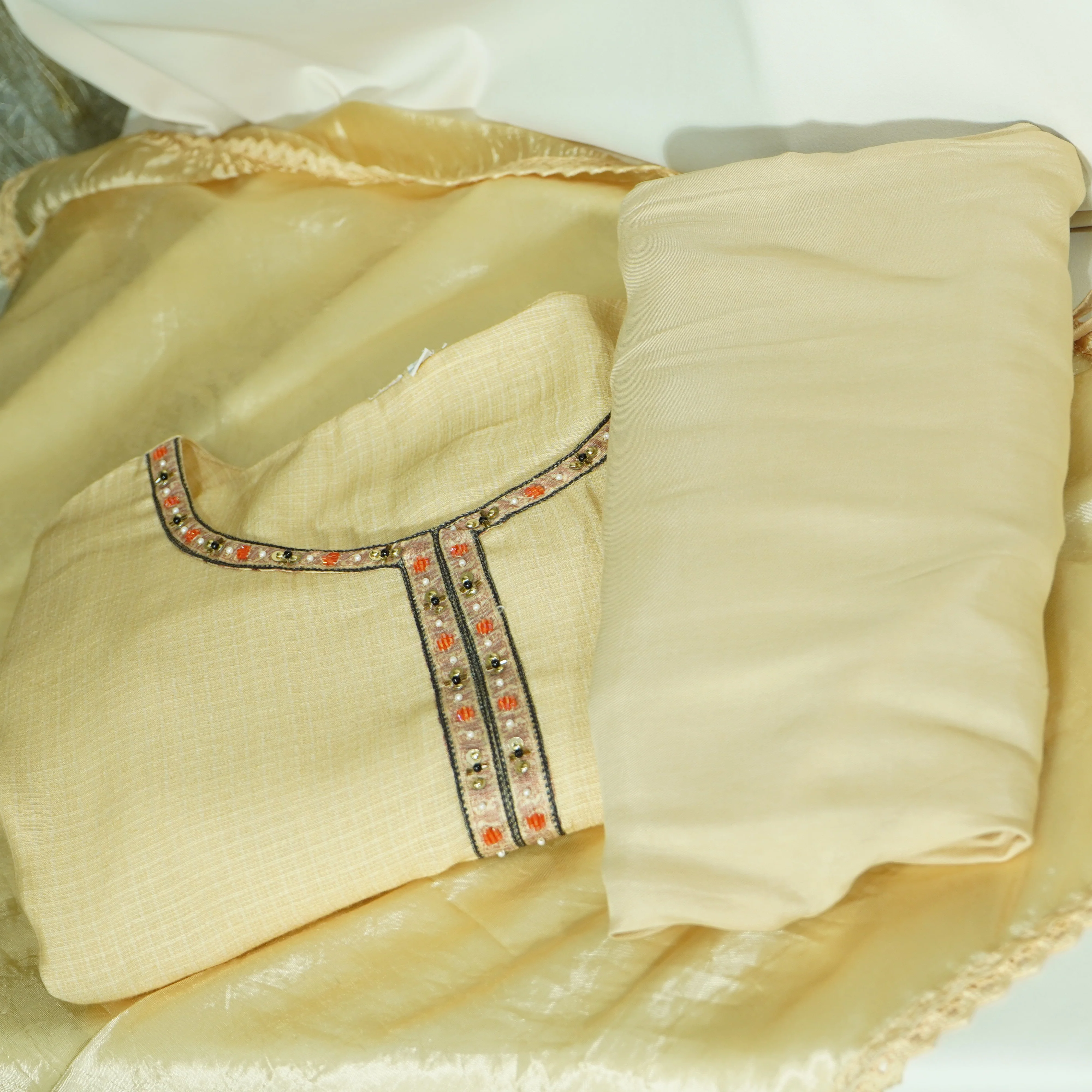 Exclusive Suit Set With Dupatta (Cotton Silk, Dupatta-Muslin Silk Dark Creame Sequins Embroidery Fabric - Image 4