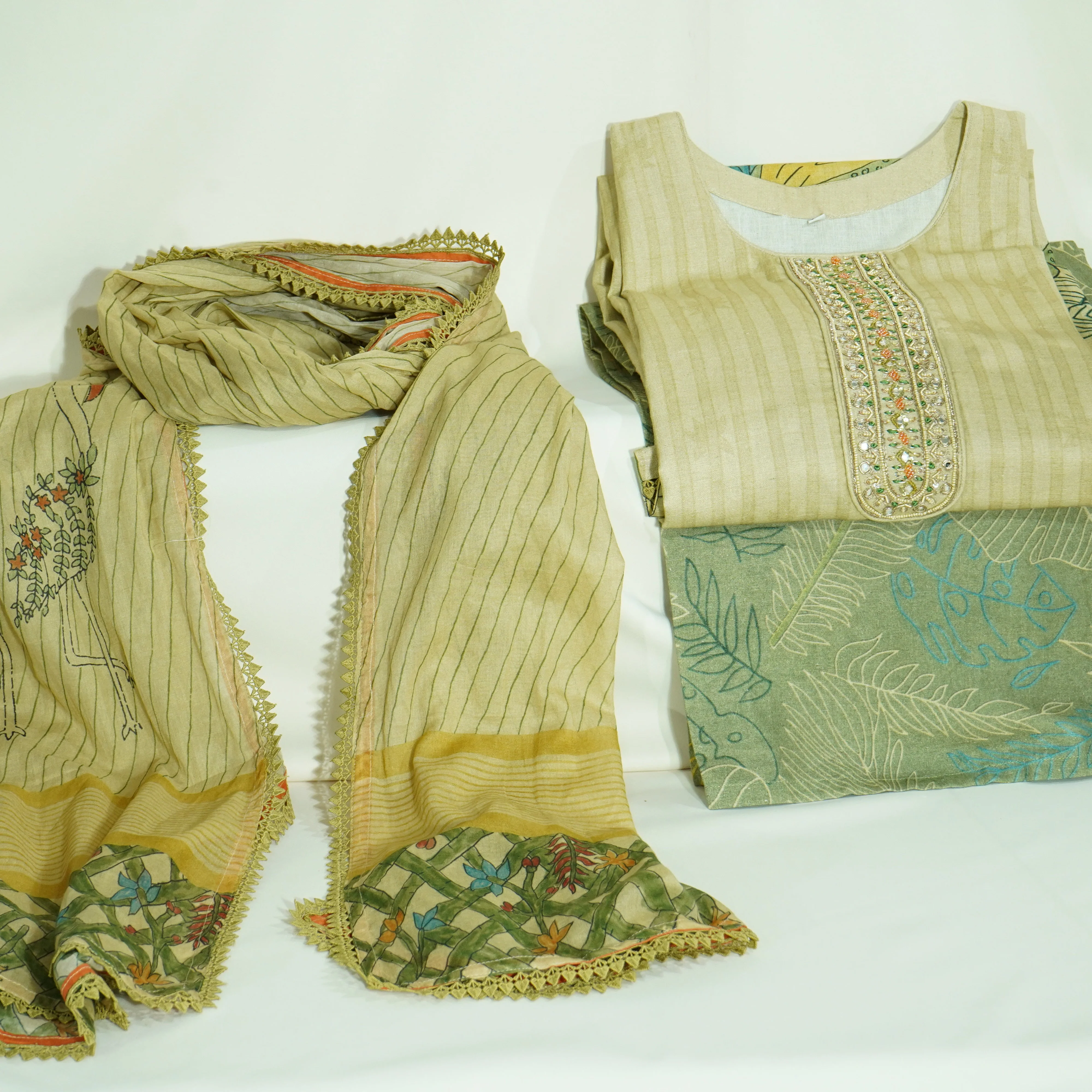 Exclusive Suit Set With Dupatta (Top-Linen, Bottom- Linen, Dupatta-Mulmul) Golden Sequins Beads Embroidery Fabric - Image 6