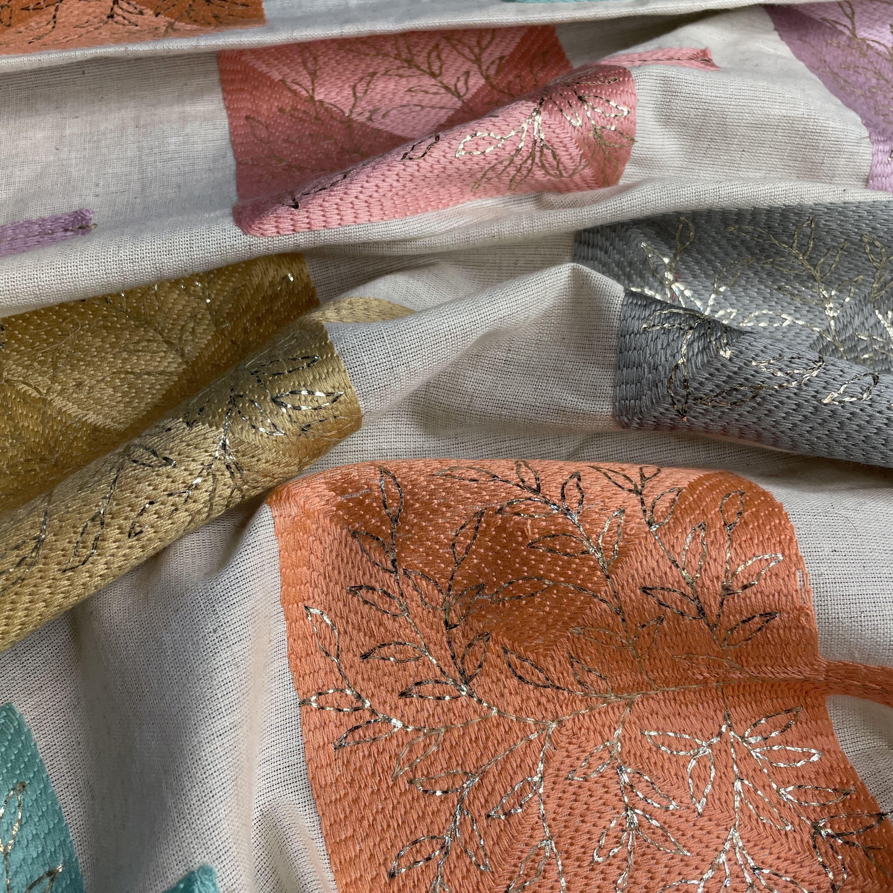 Exclusive White Multicolor Thread Embroidery Cotton Fabric - Image 3