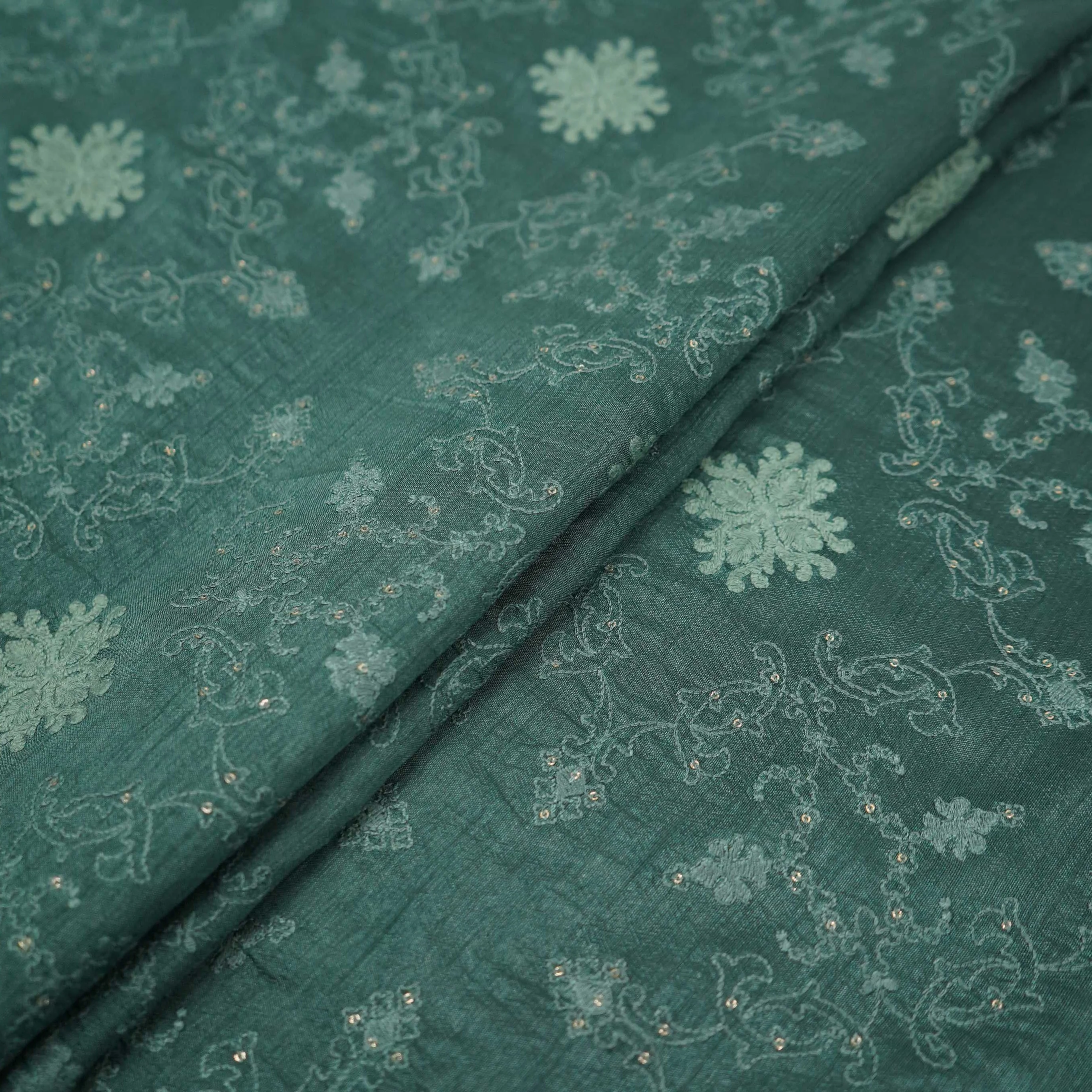 Forest Green floral Jaal embroidery Raw Silk Fabric VFS-31667 - Image 5