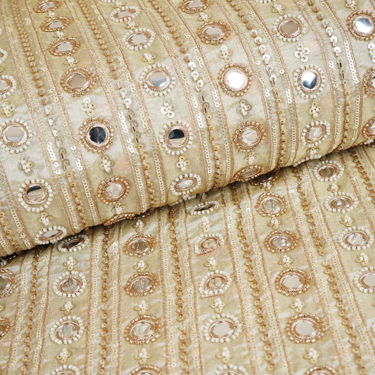 Gold Dyeable Pearl And Mirror Work Tissue Fabric SG-29003 - Image 2