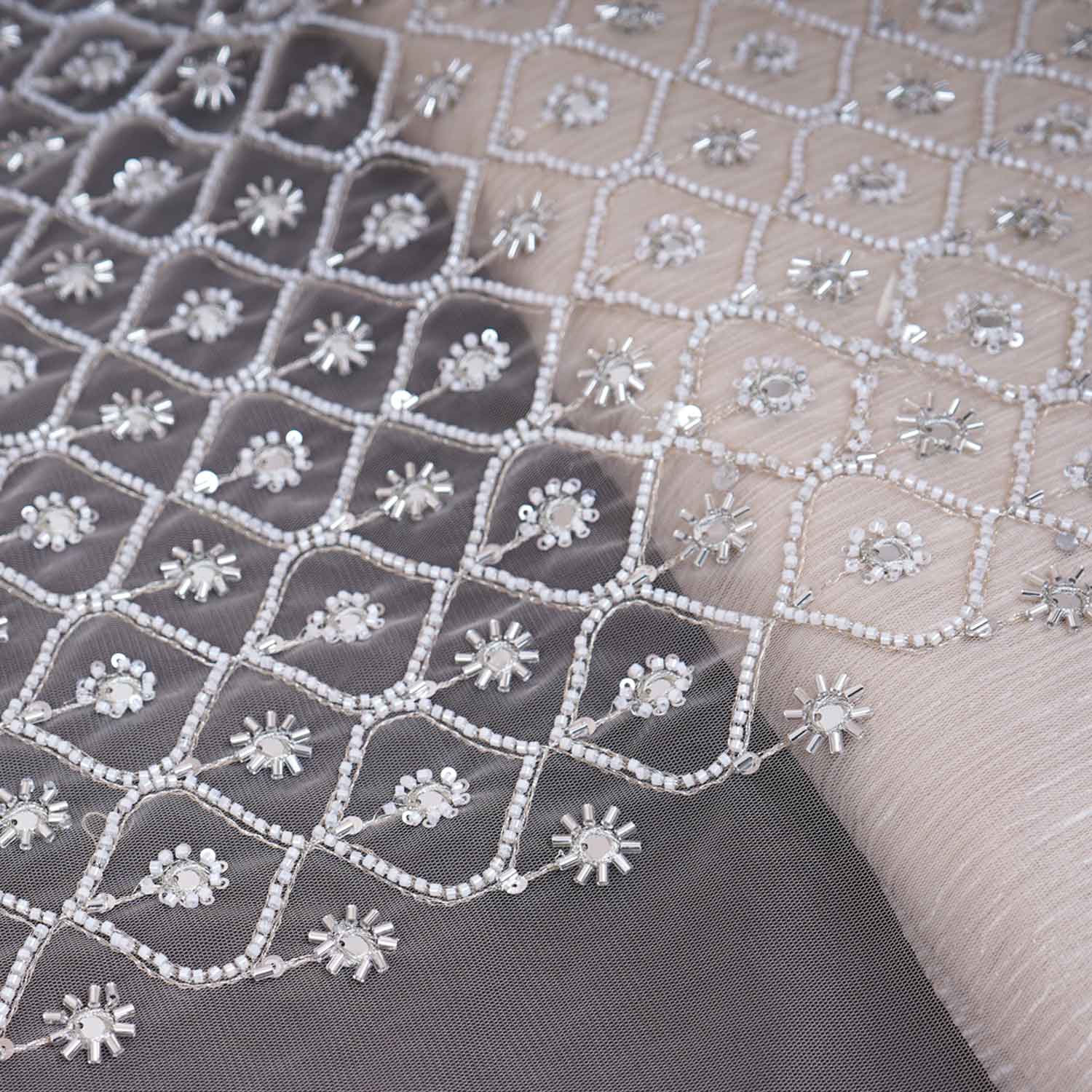 Golden Cutdana embroidery mirror work Dyeable Net Fabric AC-29015 - Image 3