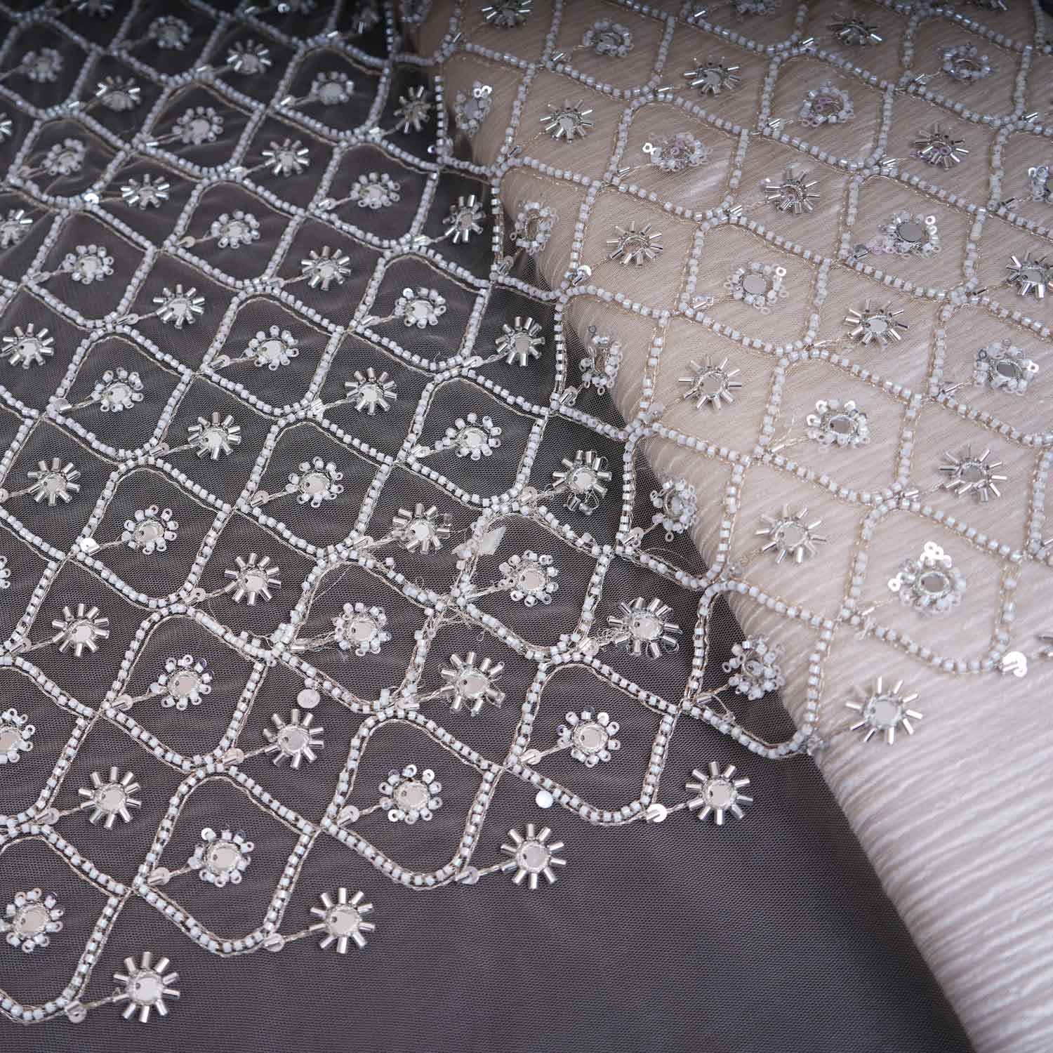 Golden Cutdana embroidery mirror work Dyeable Net Fabric AC-29016 - Image 4