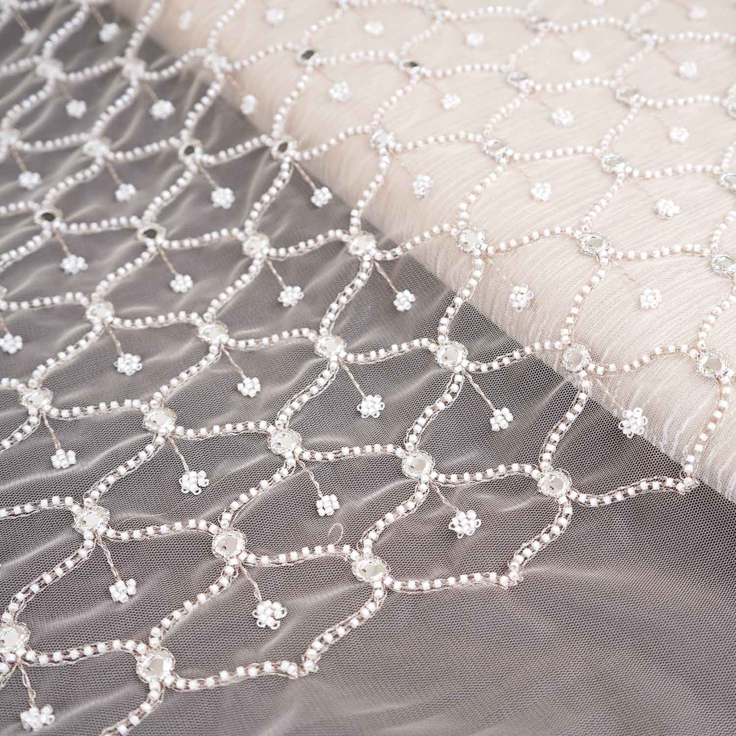 Golden Cutdana embroidery mirror work Dyeable Net Fabric AC-29017 - Image 4