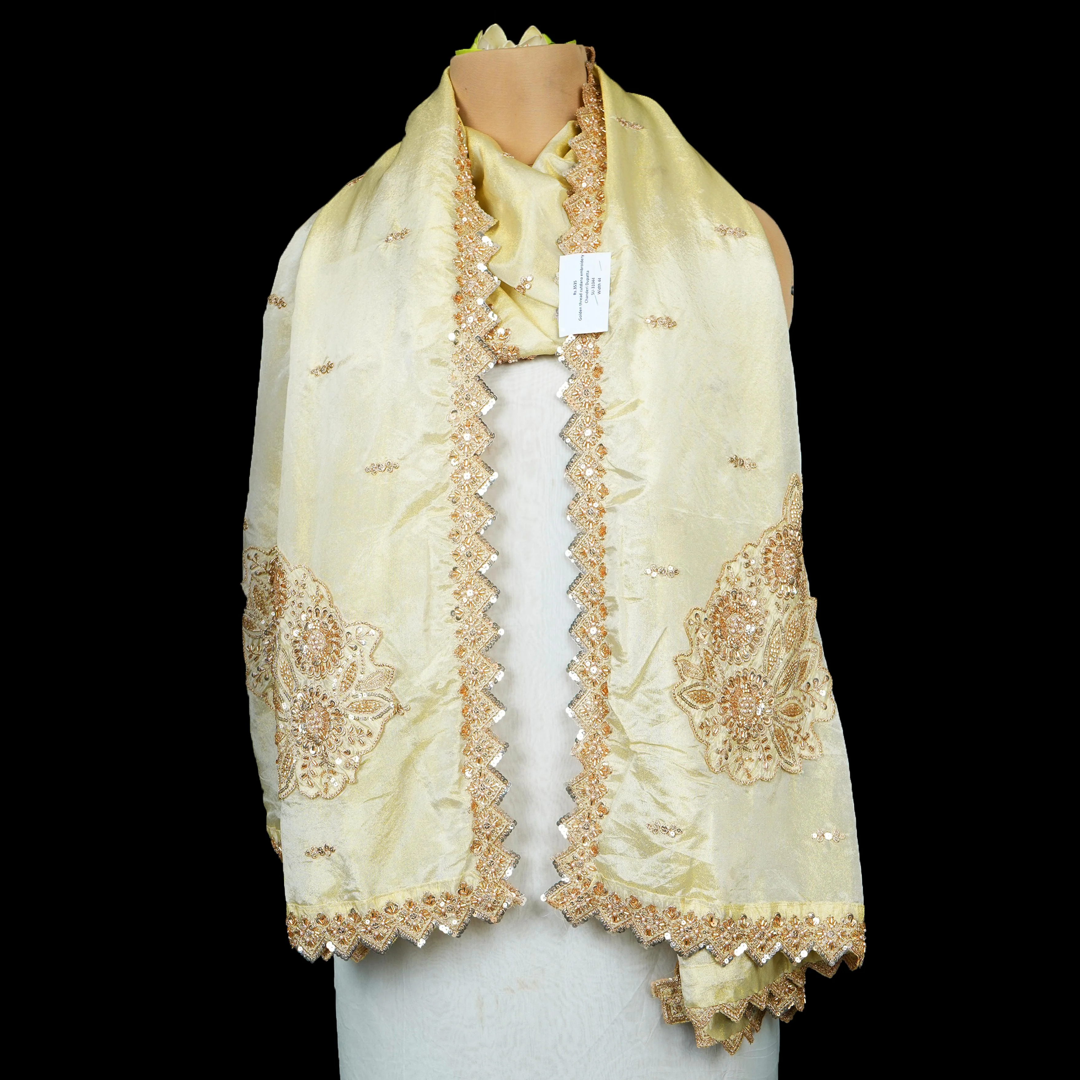 Golden thread cutdana embroidery Chanderi Dupatta SU-31044 - Image 5