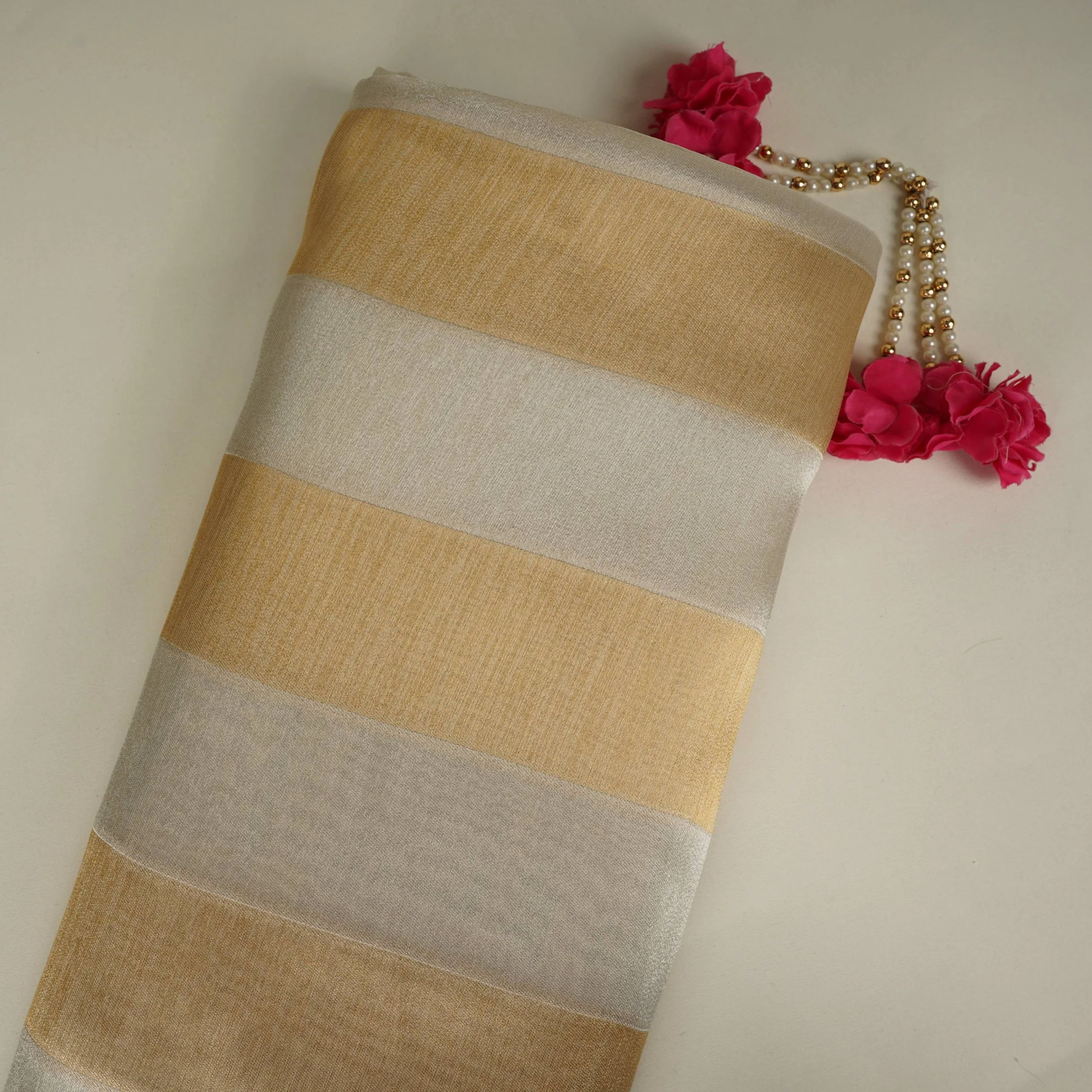 Golden with Off White Stripes Shimmer Tissue Fabric MTI-31260