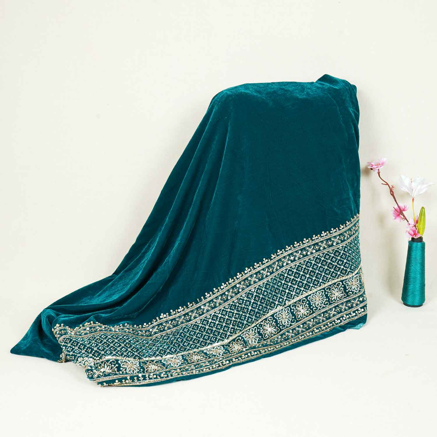 Teal Green Border Work Cutdana Embroidery Micro Velvet 9000 SC-27999