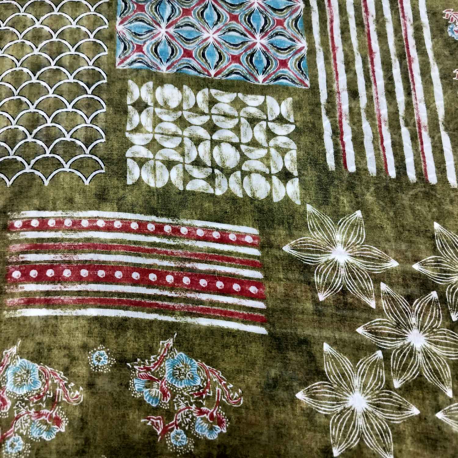 Green Floral Block Print Cotton Mulmul Fabric GT-25424 - Image 3