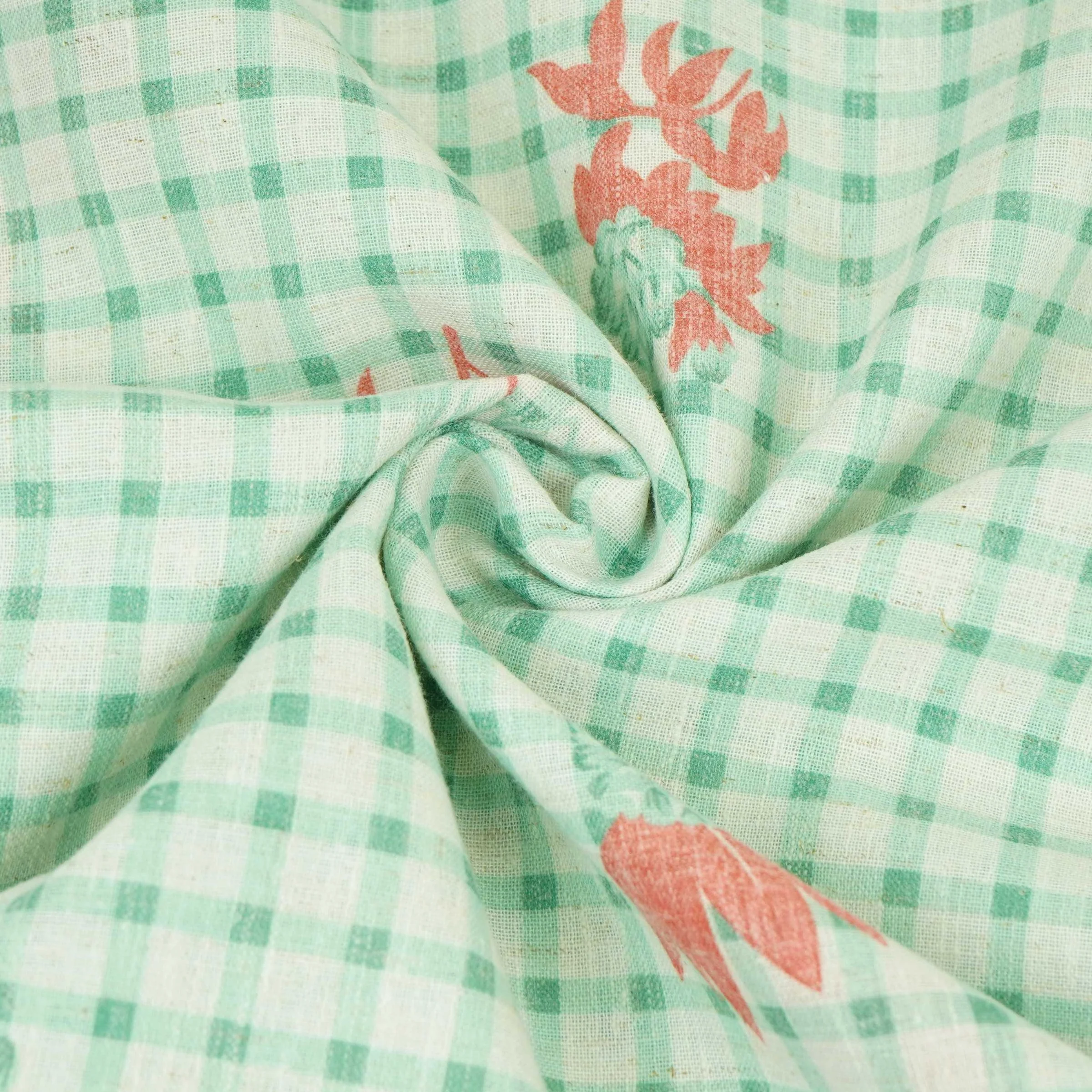 Green floral Check print Linen Fabric DE-32132 - Image 4