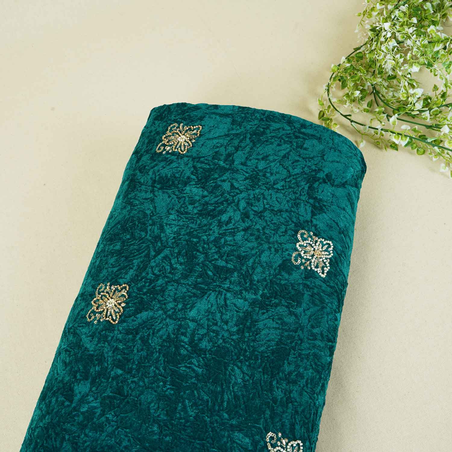 Teal Green Floral Cutdana Crushed Velvet 9000 SC-27990