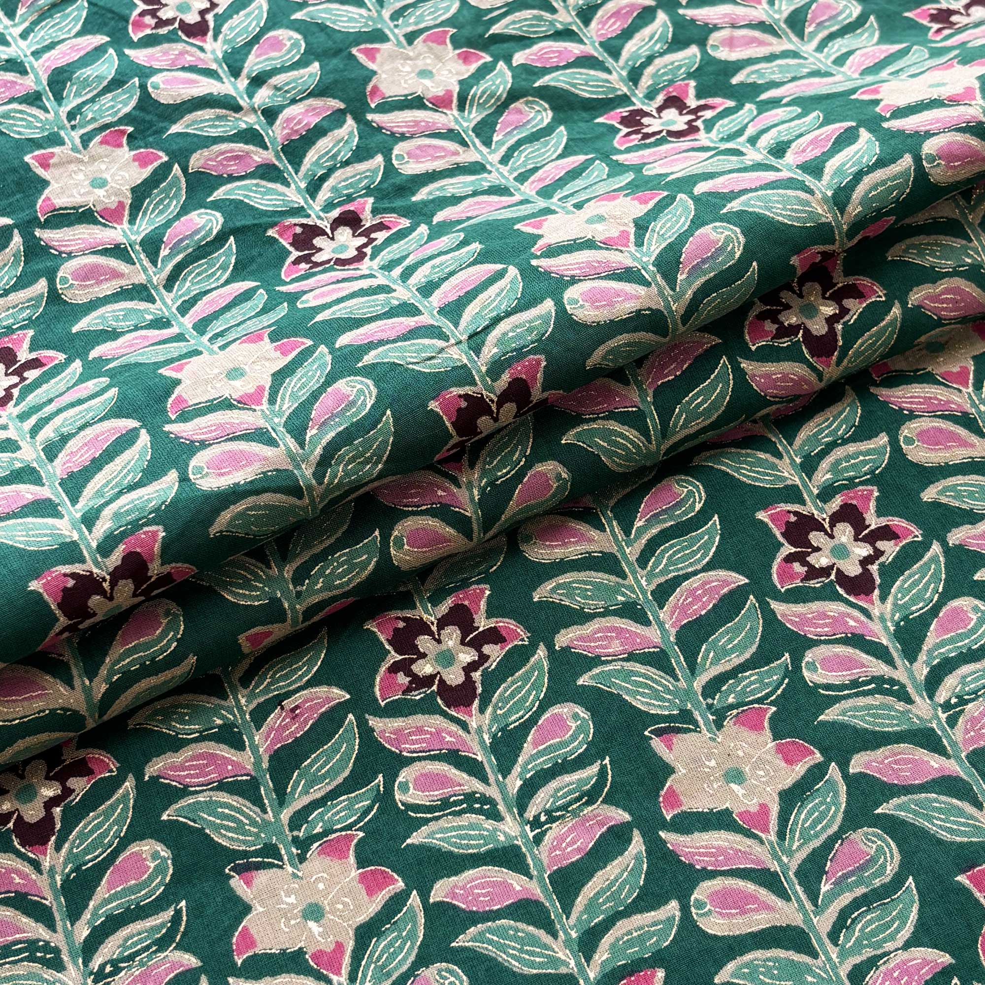 Green Floral Foil Print Cotton Fabric PB-23758 - Image 3