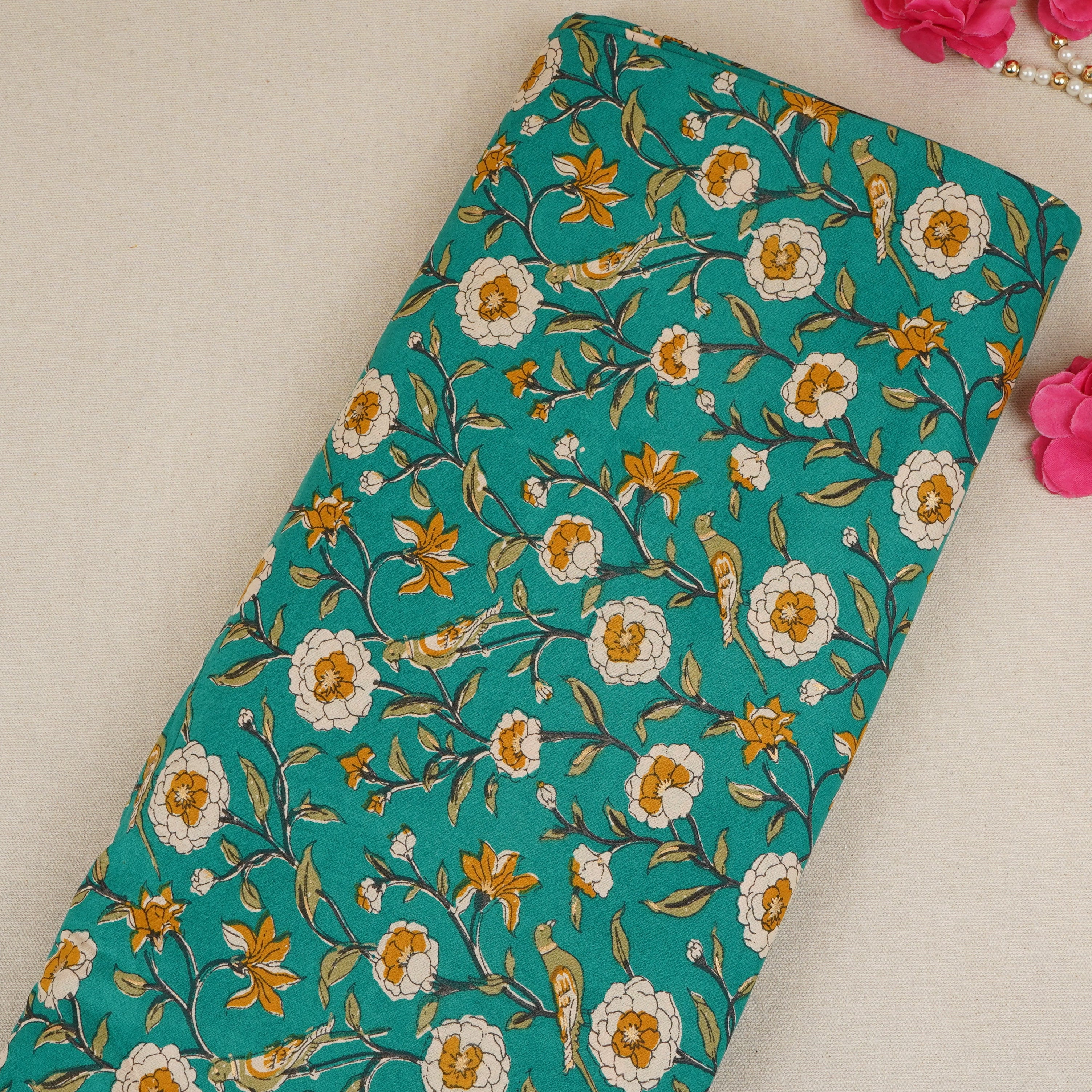 Green Floral Foil Print Cotton Fabric PB-29712