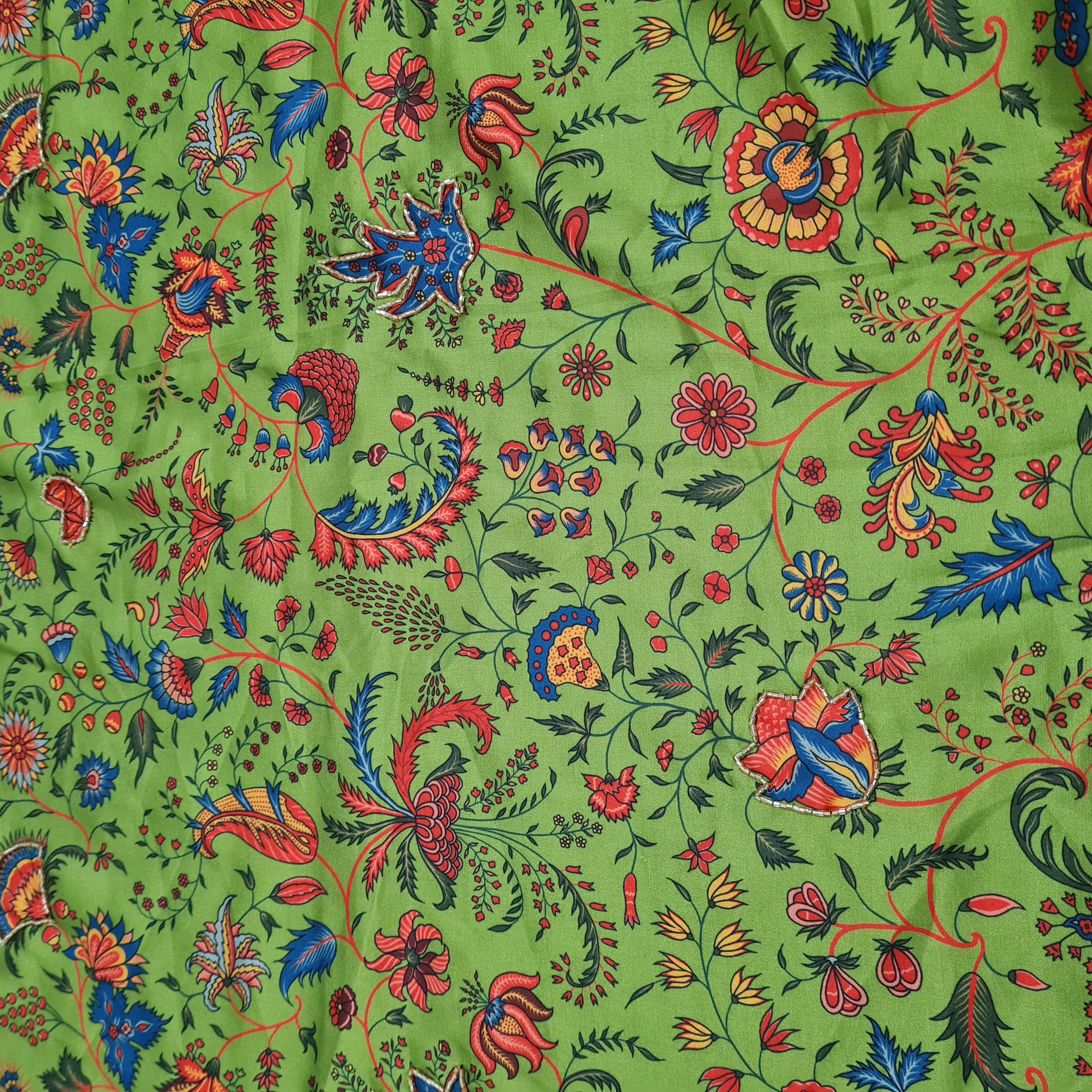 Green Floral Hand Embroidery Modal Satin Fabric 53 - Image 2