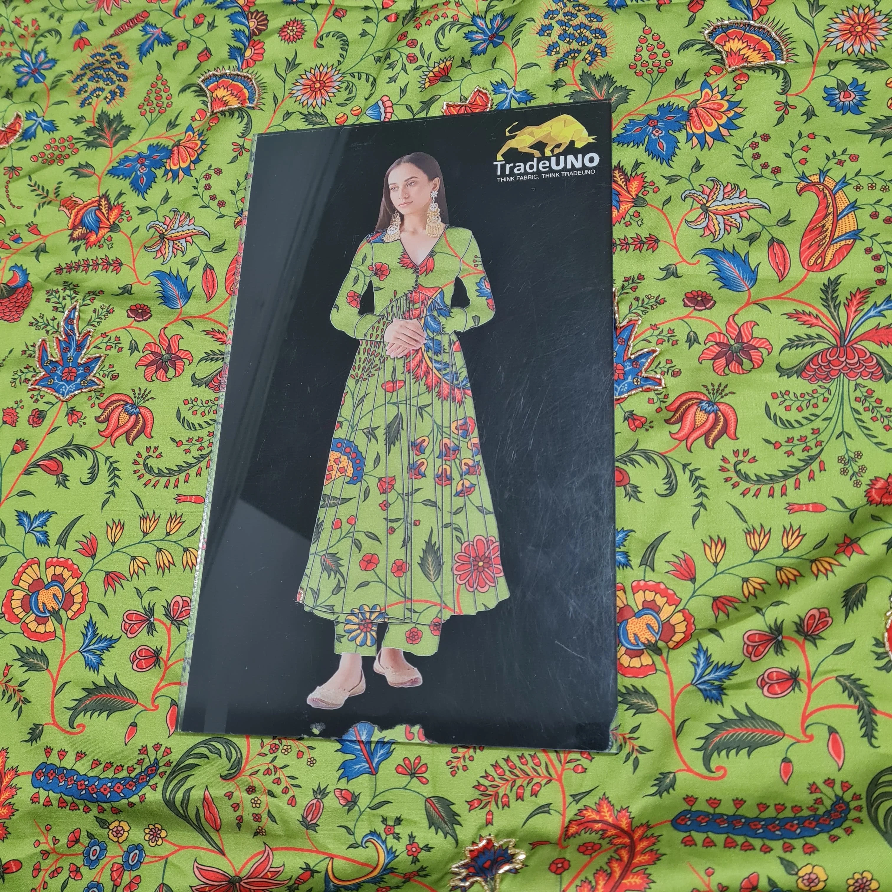Green Floral Hand Embroidery Modal Satin Fabric 53 - Image 3