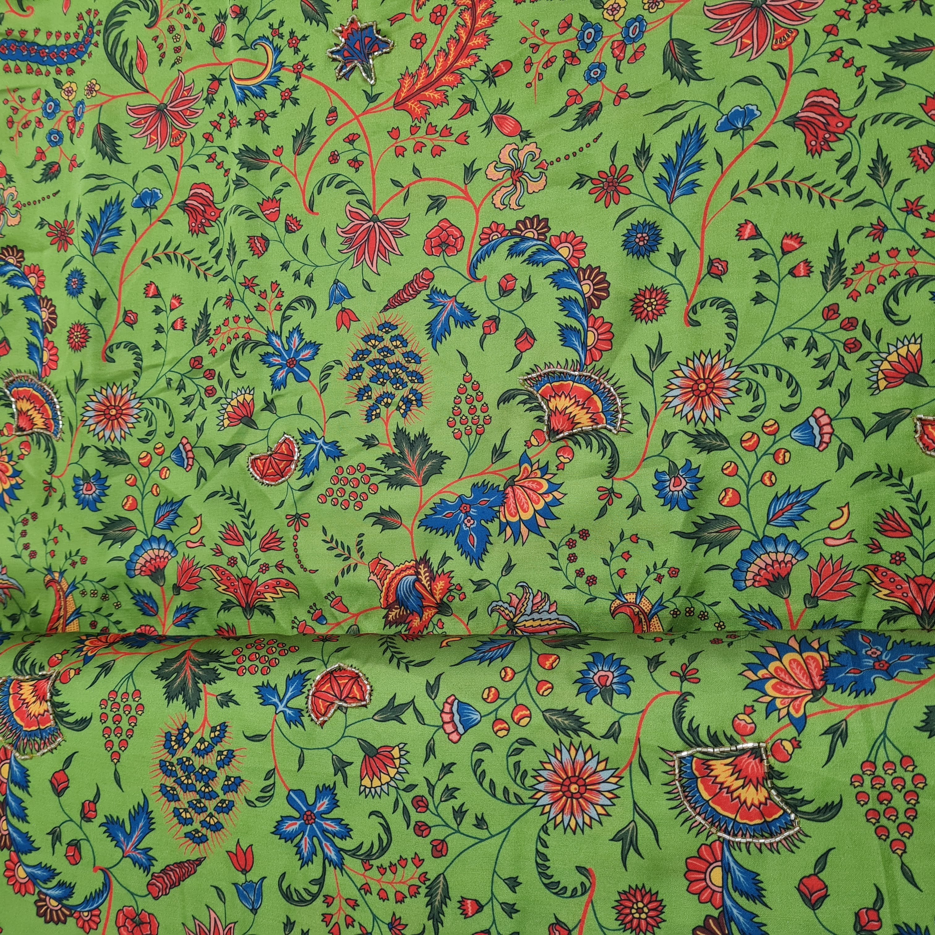 Green Floral Hand Embroidery Modal Satin Fabric 53 - Image 4