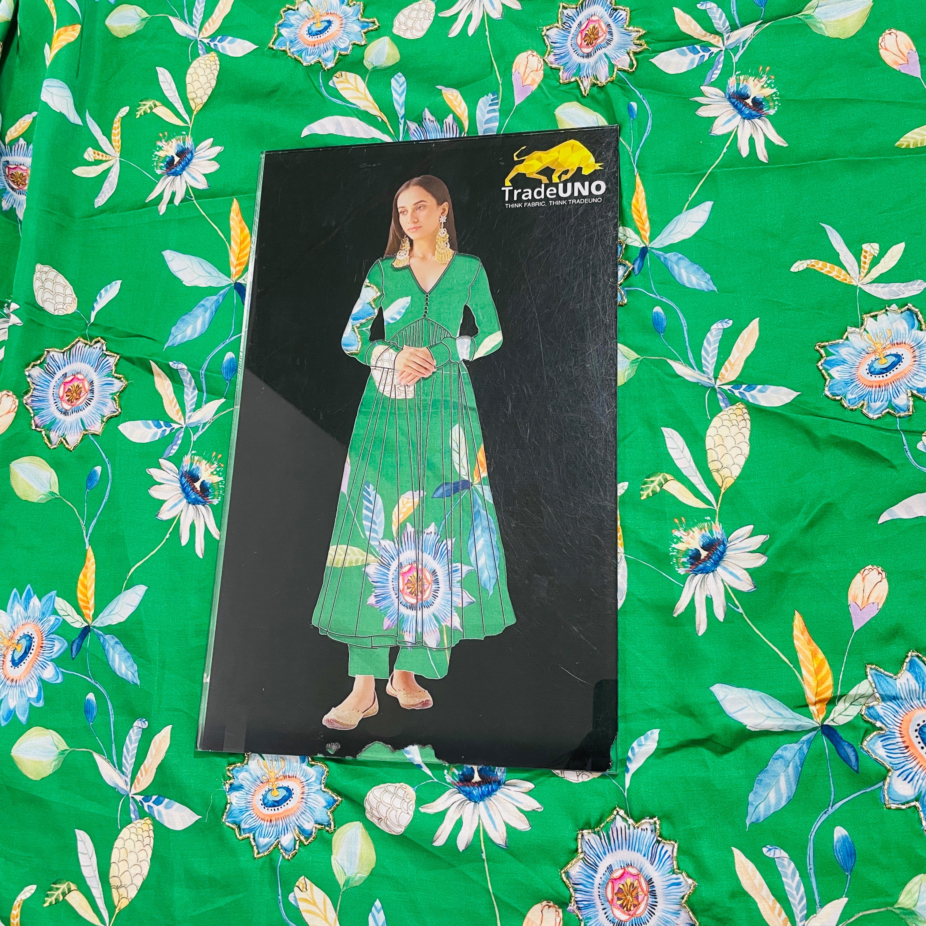 Green Floral Hand Embroidery Modal Satin Fabric 55 - Image 3