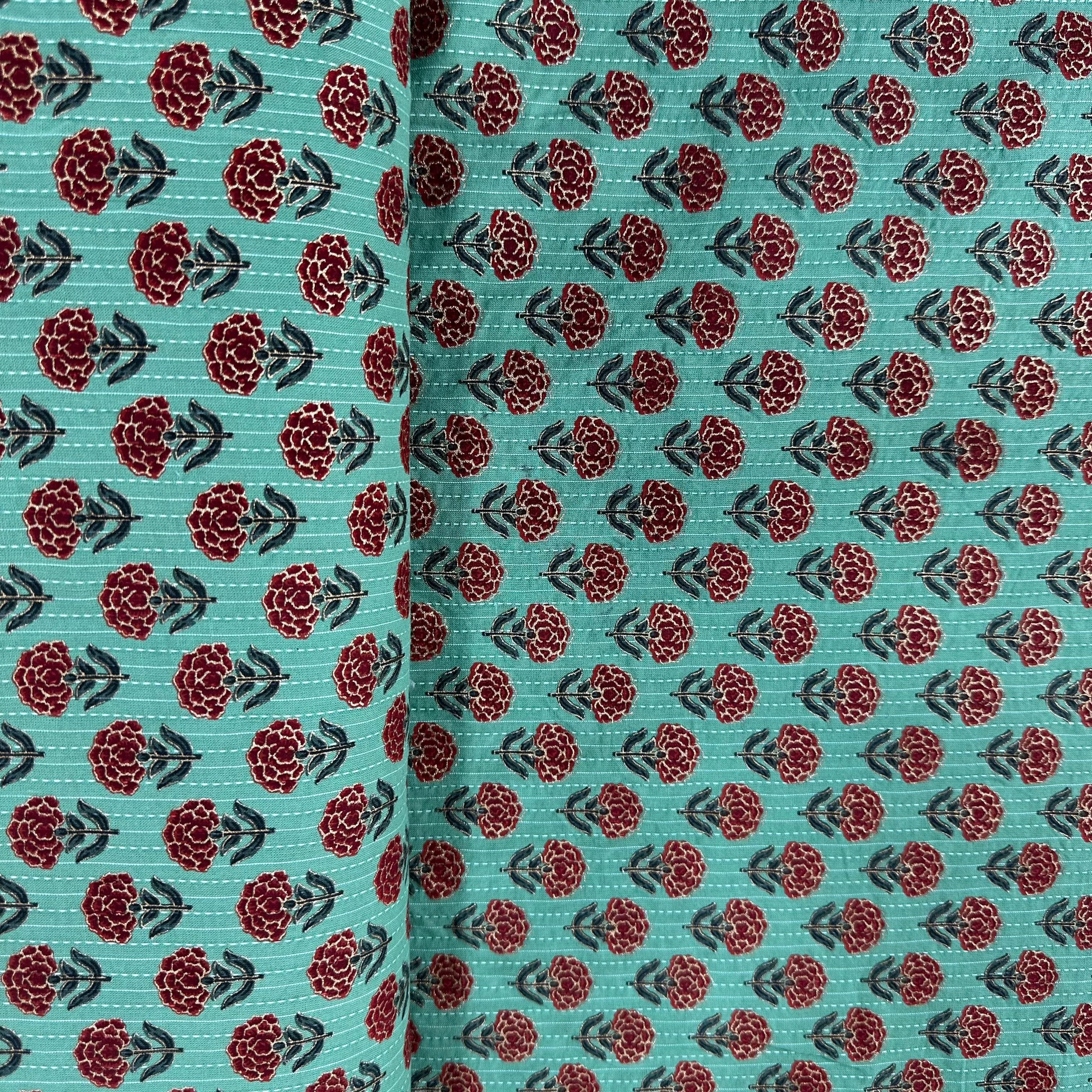 Green Floral Kantha Cotton Fabric 23783 - Image 3