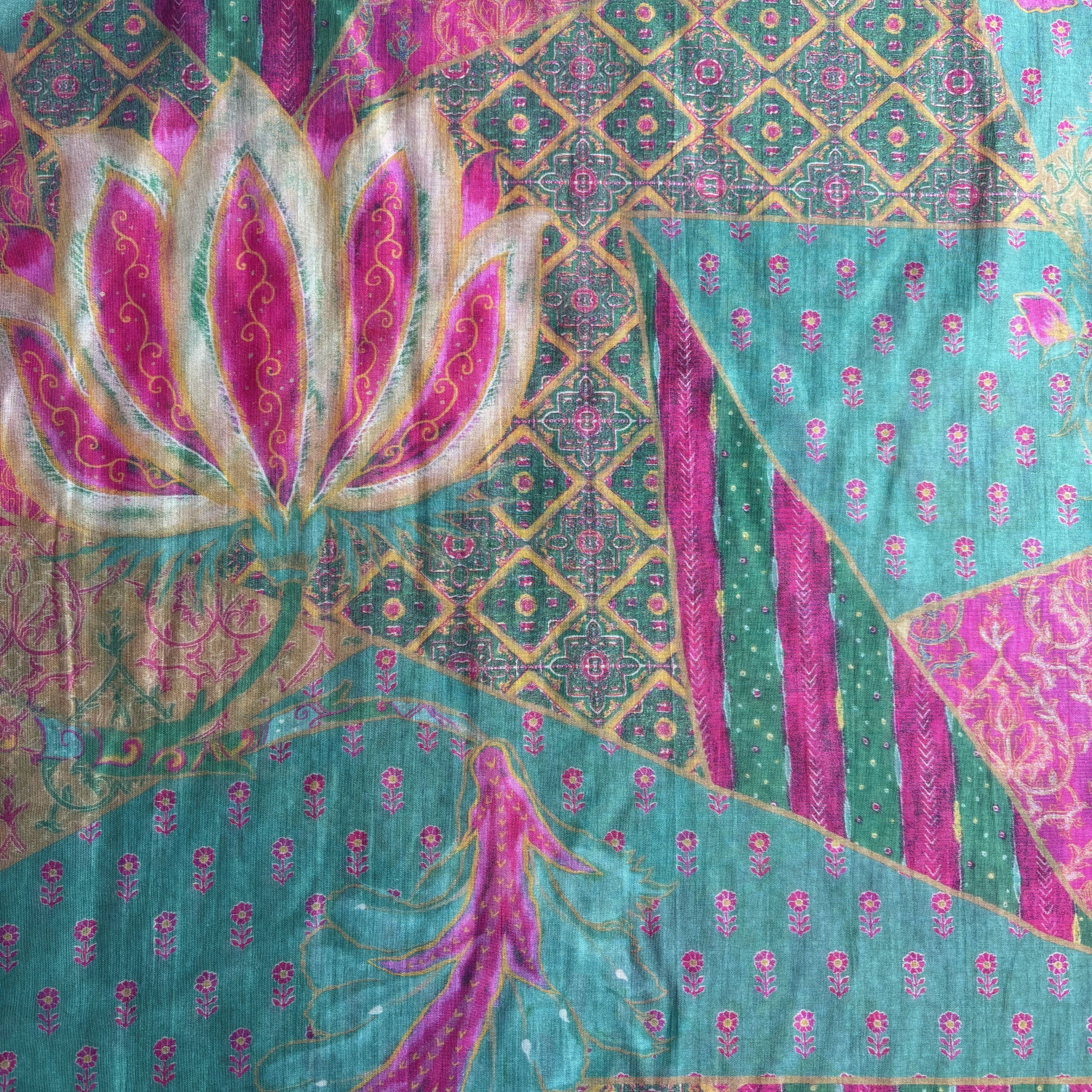 Green Floral Print Chanderi Silk Fabric 17689 - Image 3