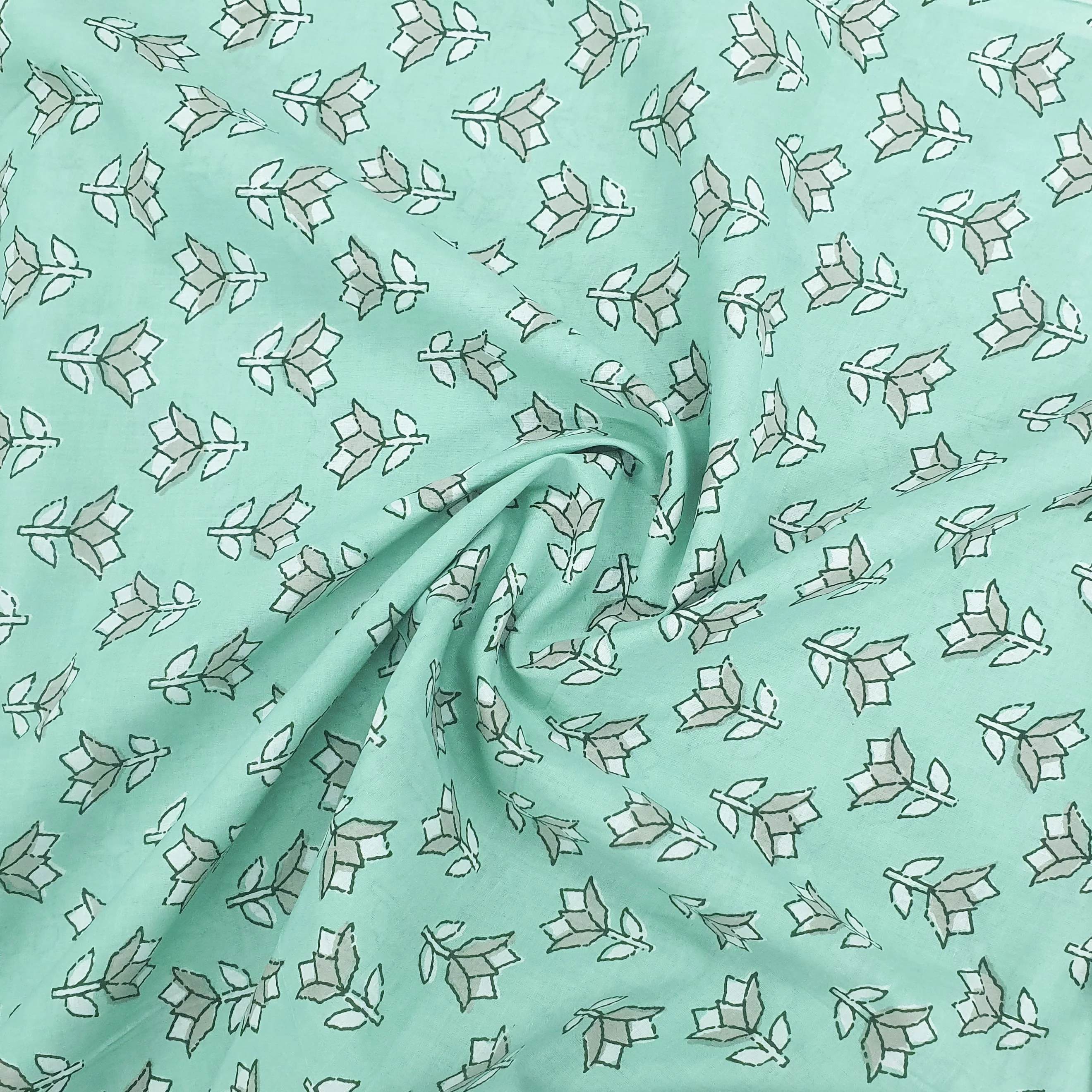 Sea Green Handblock Floral Print Cotton Fabric