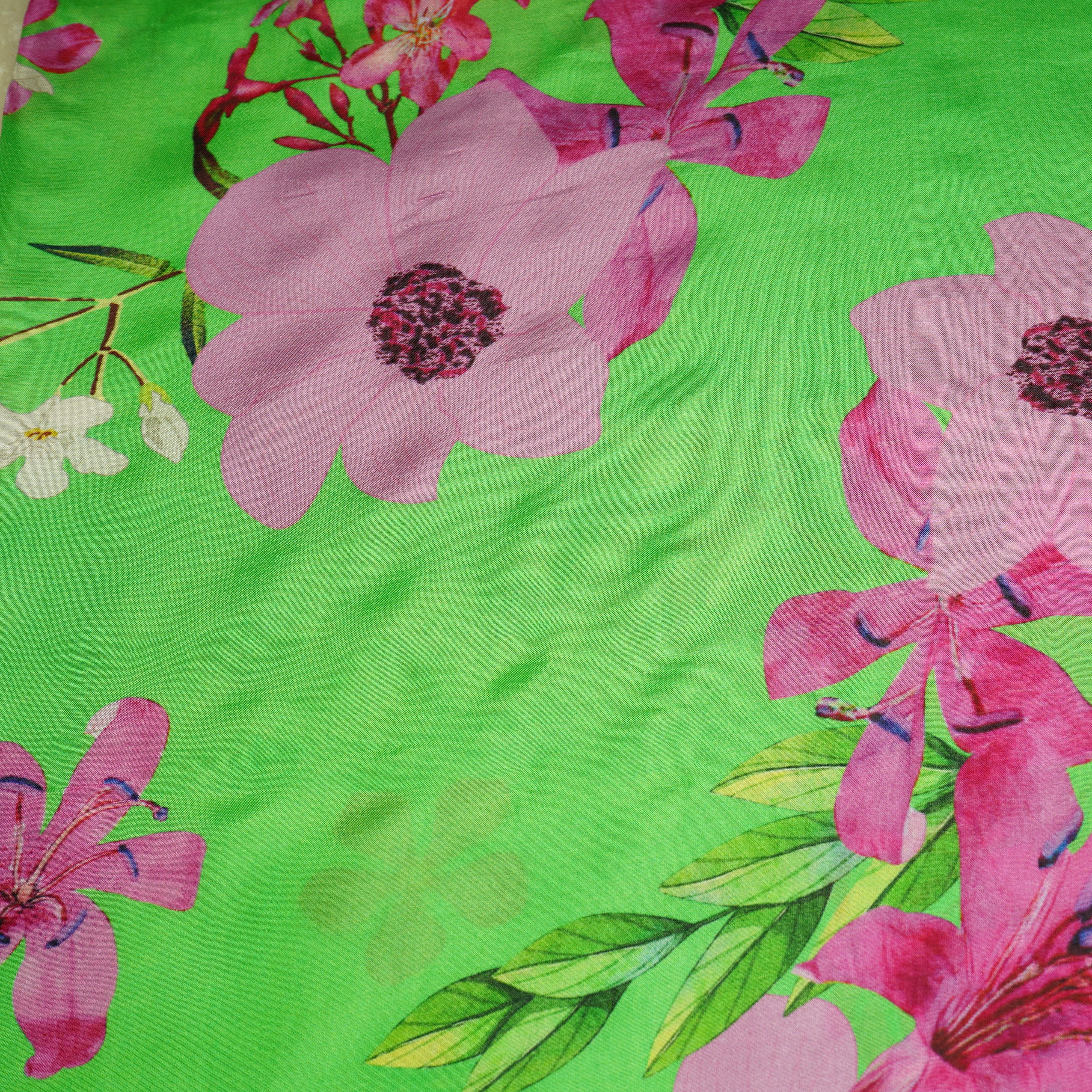 Green Floral Print Upada Silk Fabric 21083 - Image 3
