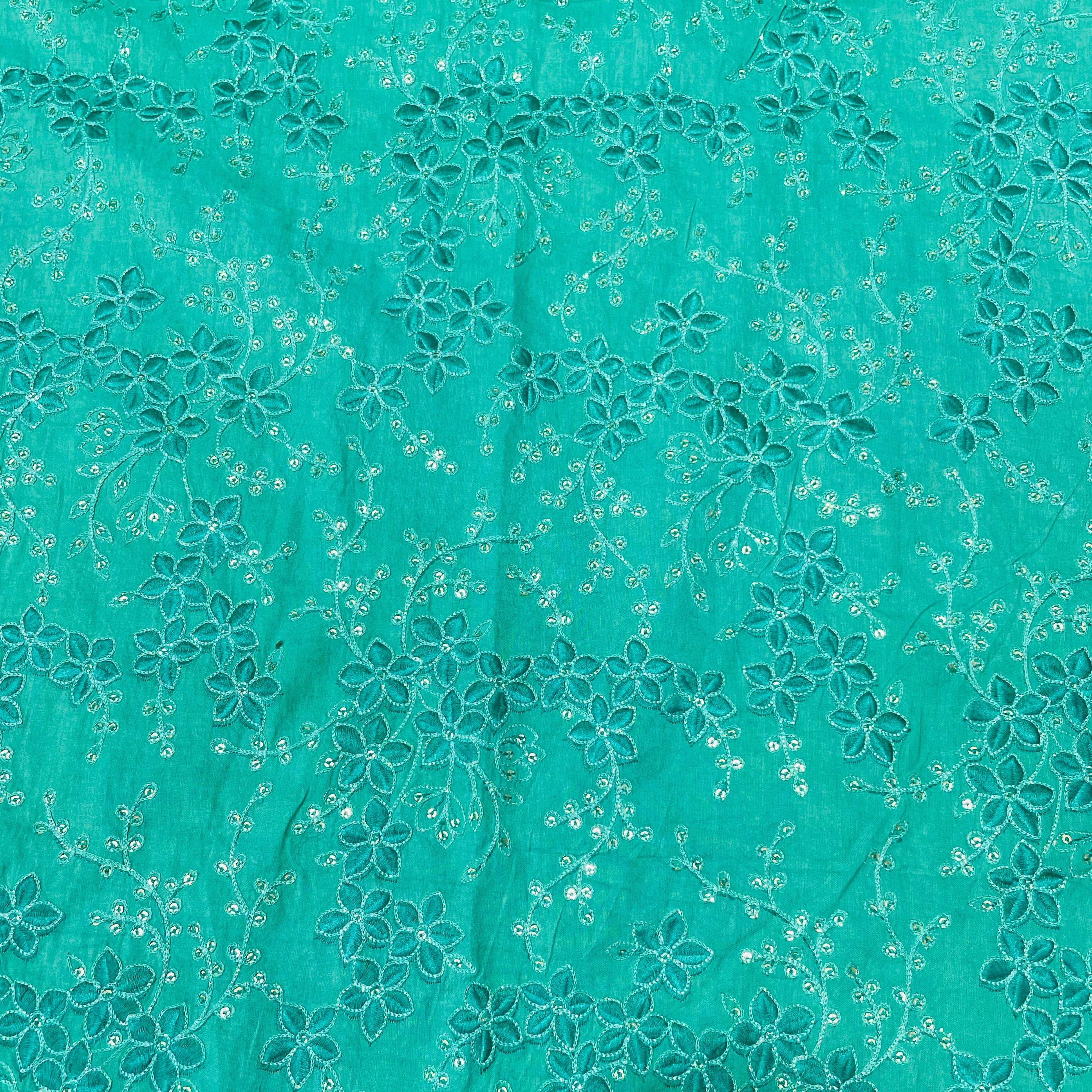 Green Floral Sequins Embroidery Cotton Fabric - Image 2