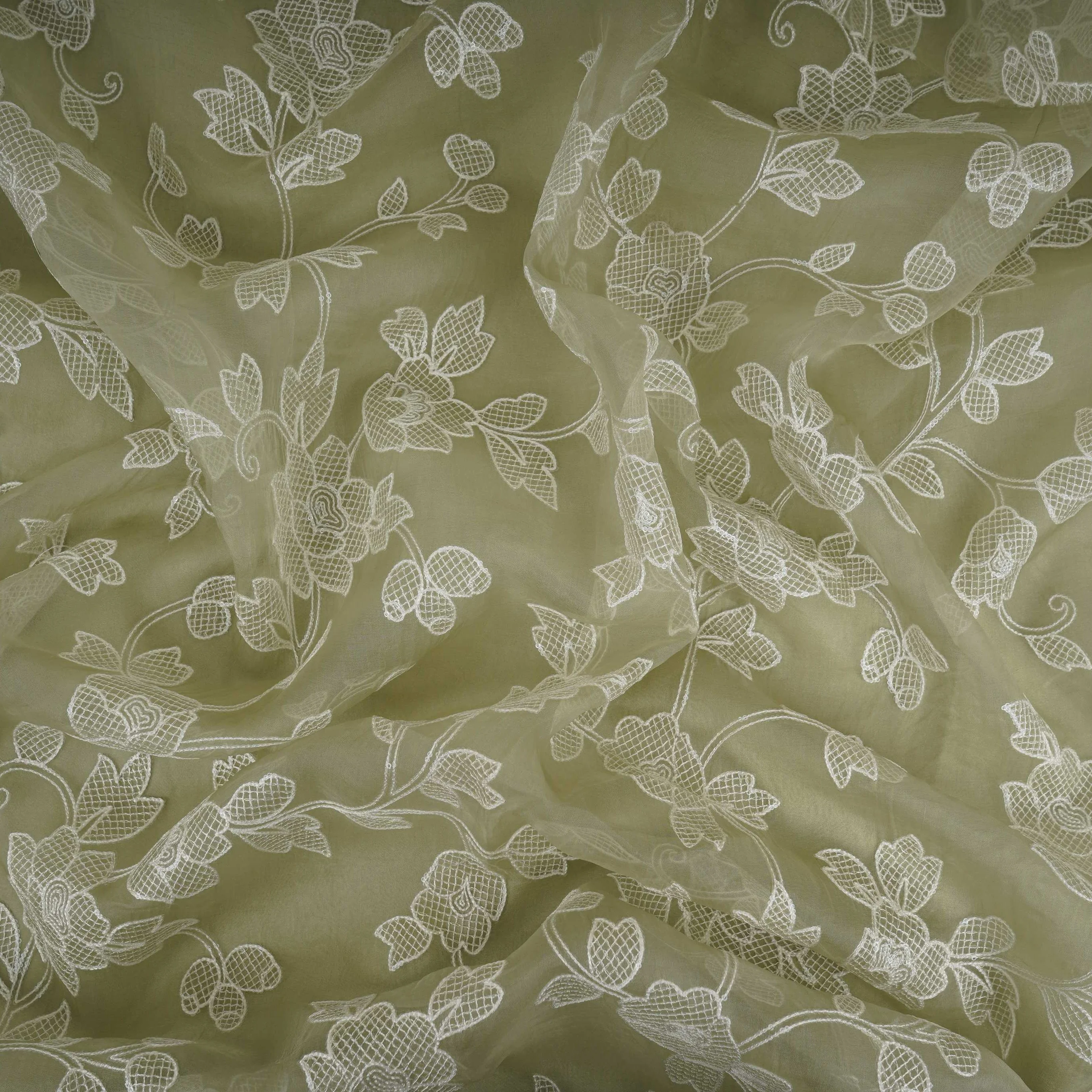 Green floral thread & Sequins embroidery Pure 27gm Organza Fabric GPF-32091 - Image 3