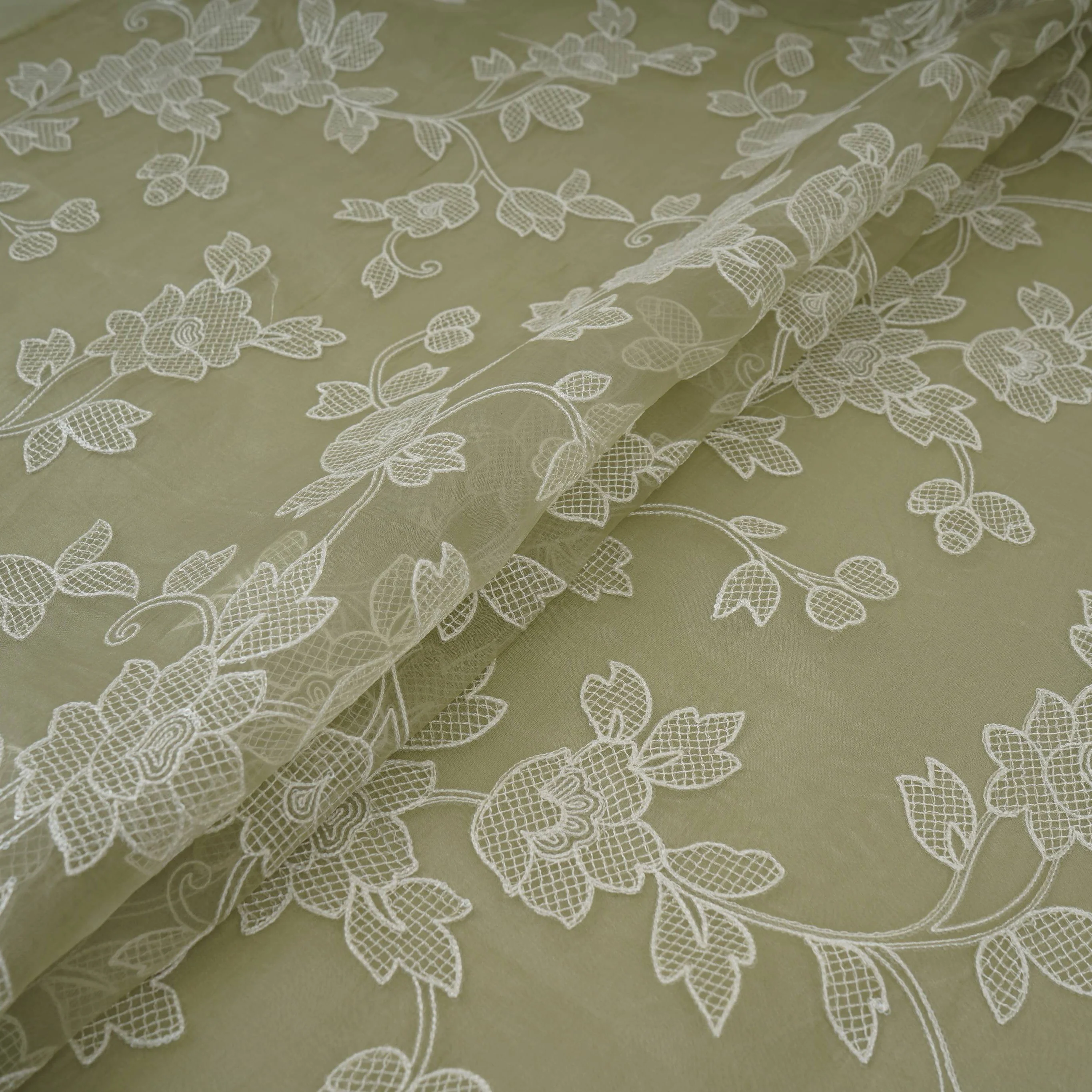 Green floral thread & Sequins embroidery Pure 27gm Organza Fabric GPF-32091 - Image 5