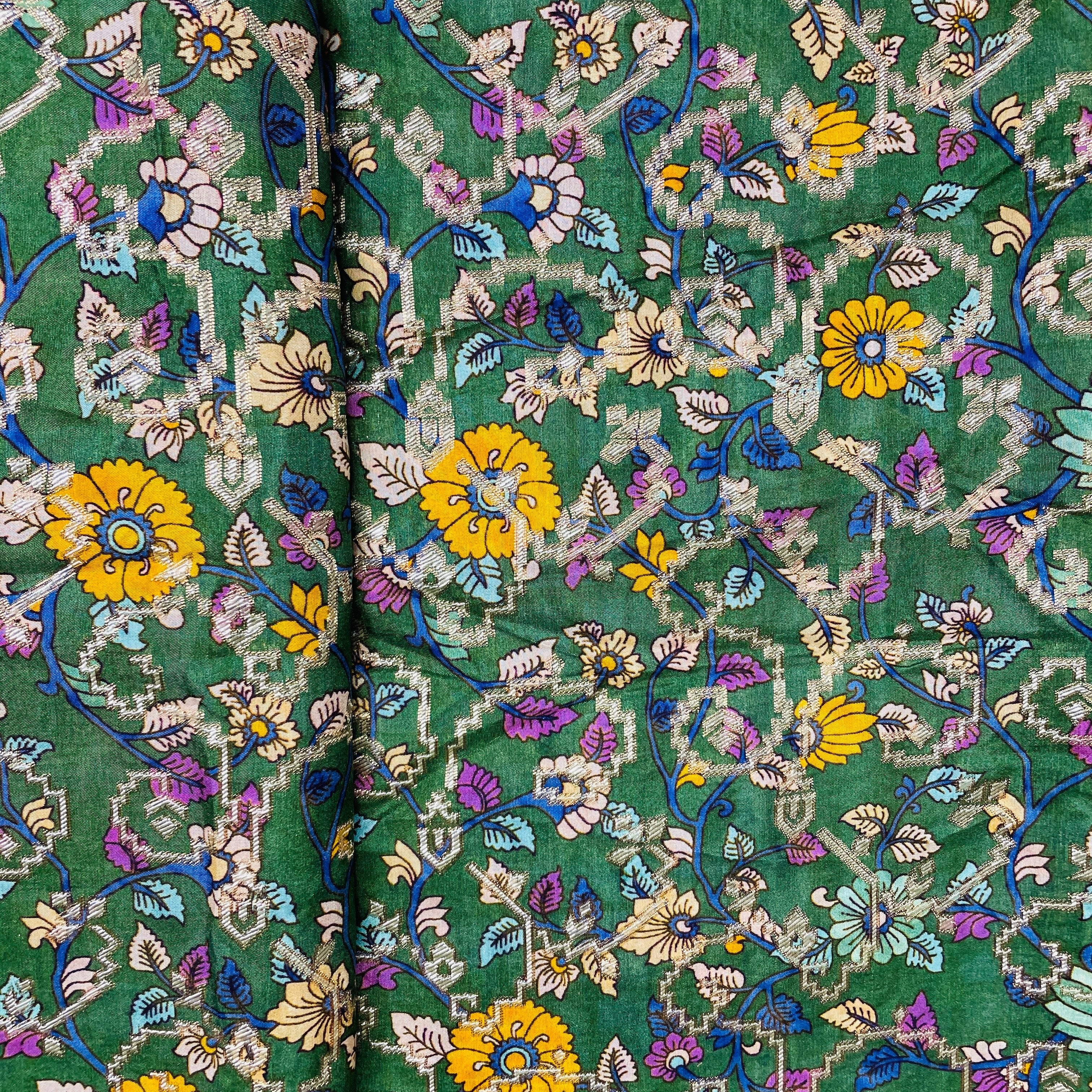 Green Madhubani Print Dola Silk Jacquard Fabric 10 - Image 3