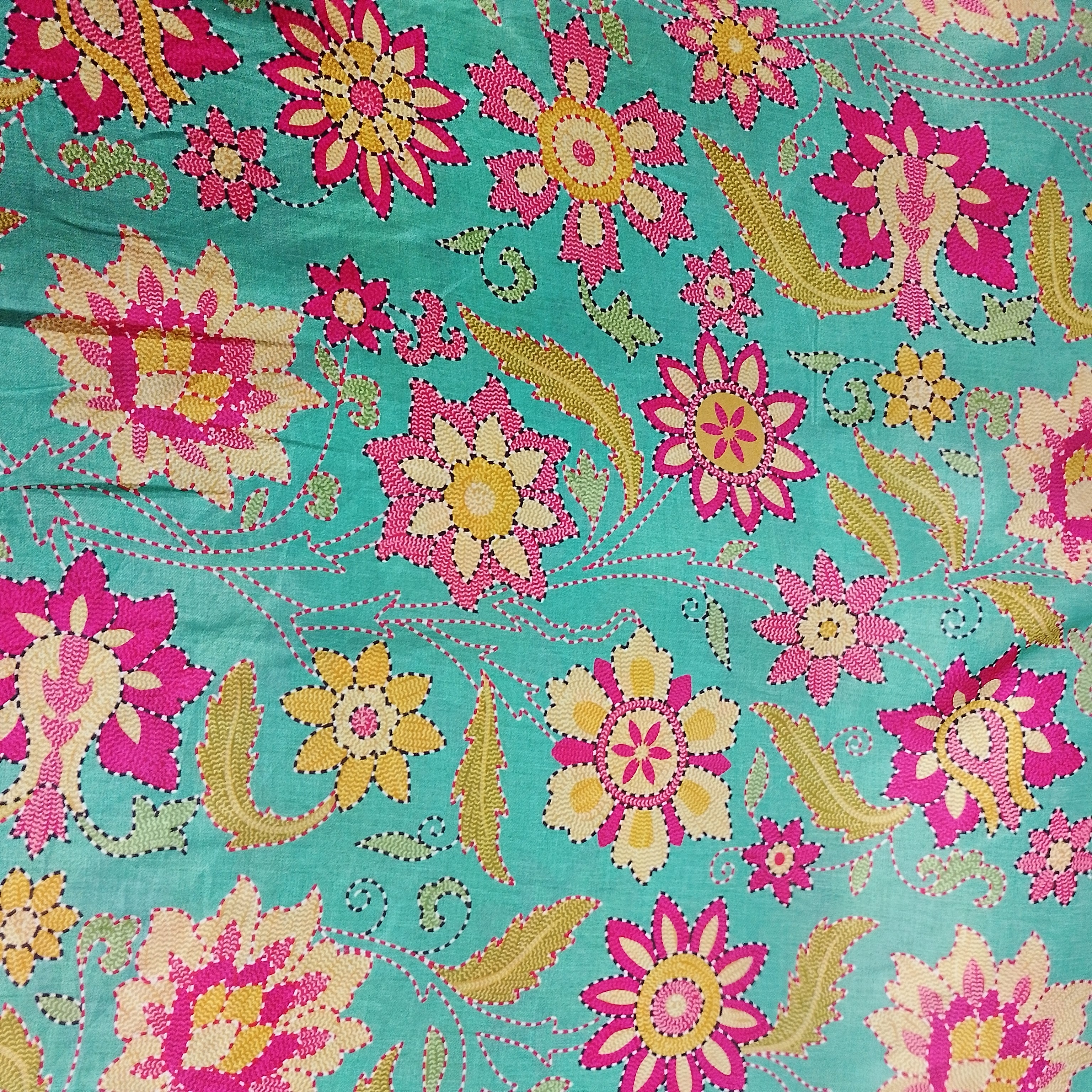 Green Madhubani Print Gaji Silk Fabric