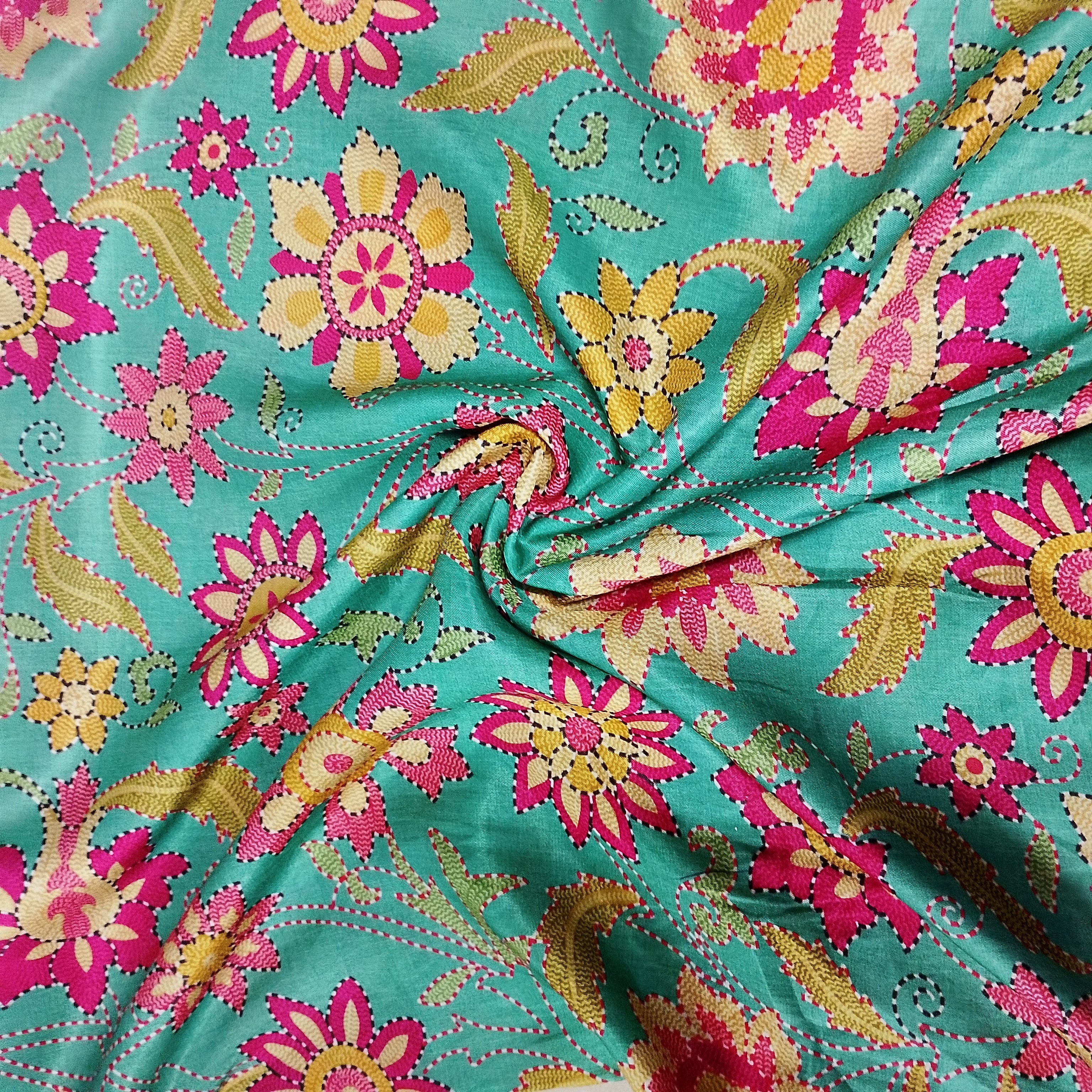 Green Madhubani Print Gaji Silk Fabric - Image 2