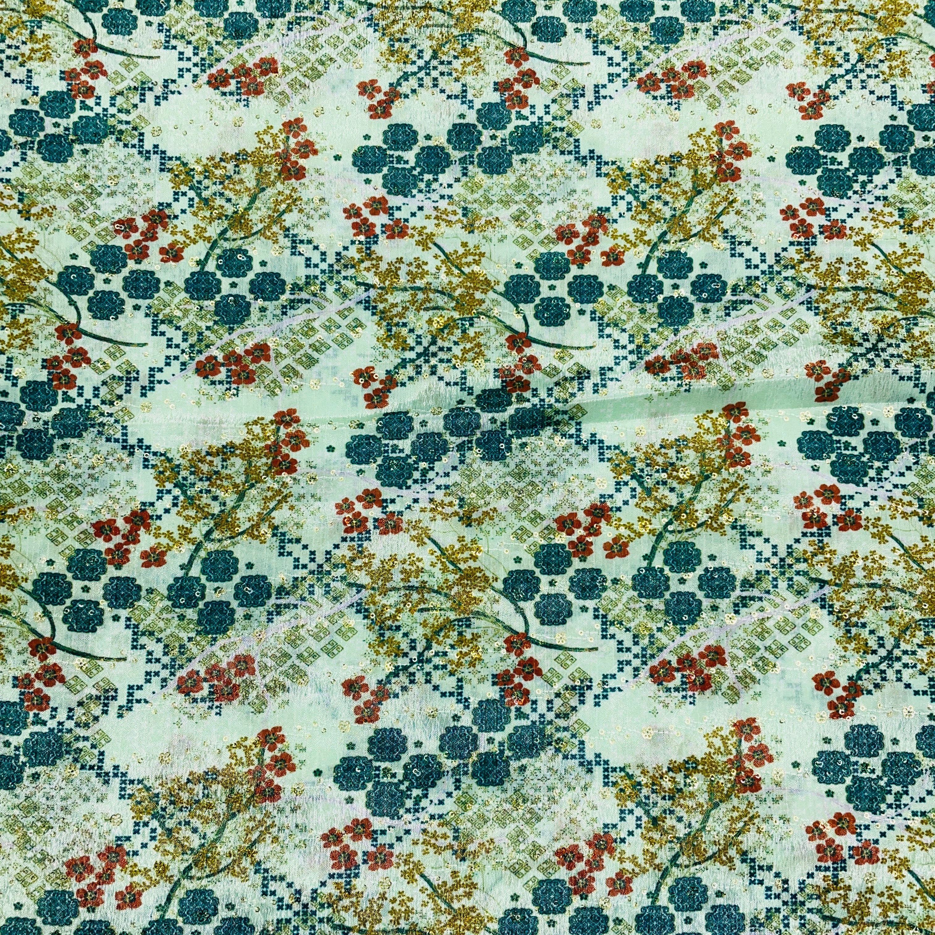 Green & Multicolor Floral Print Chinon Fabric - Image 2