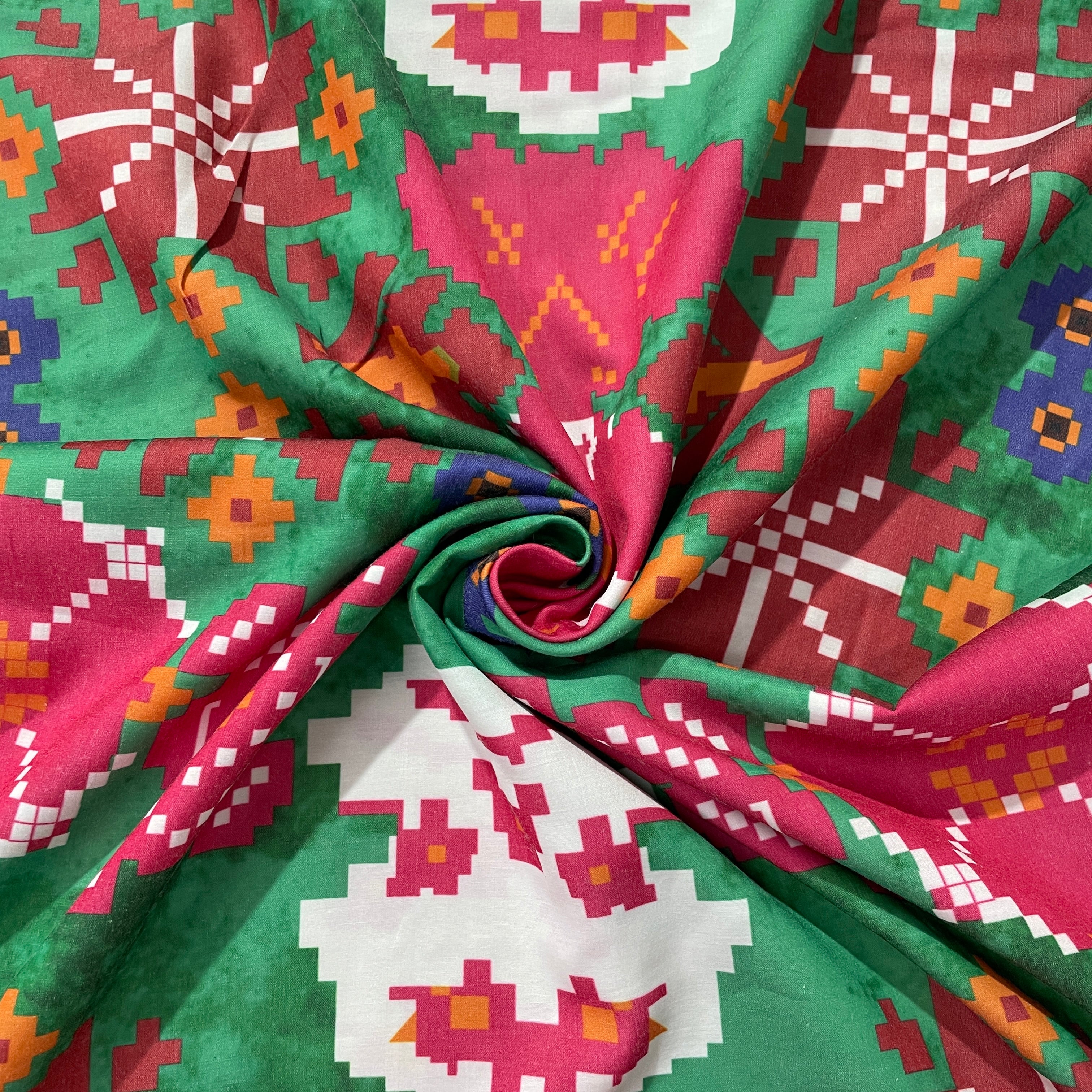 Green Multicolor Geometerical Print Cotton Satin Fabric 17