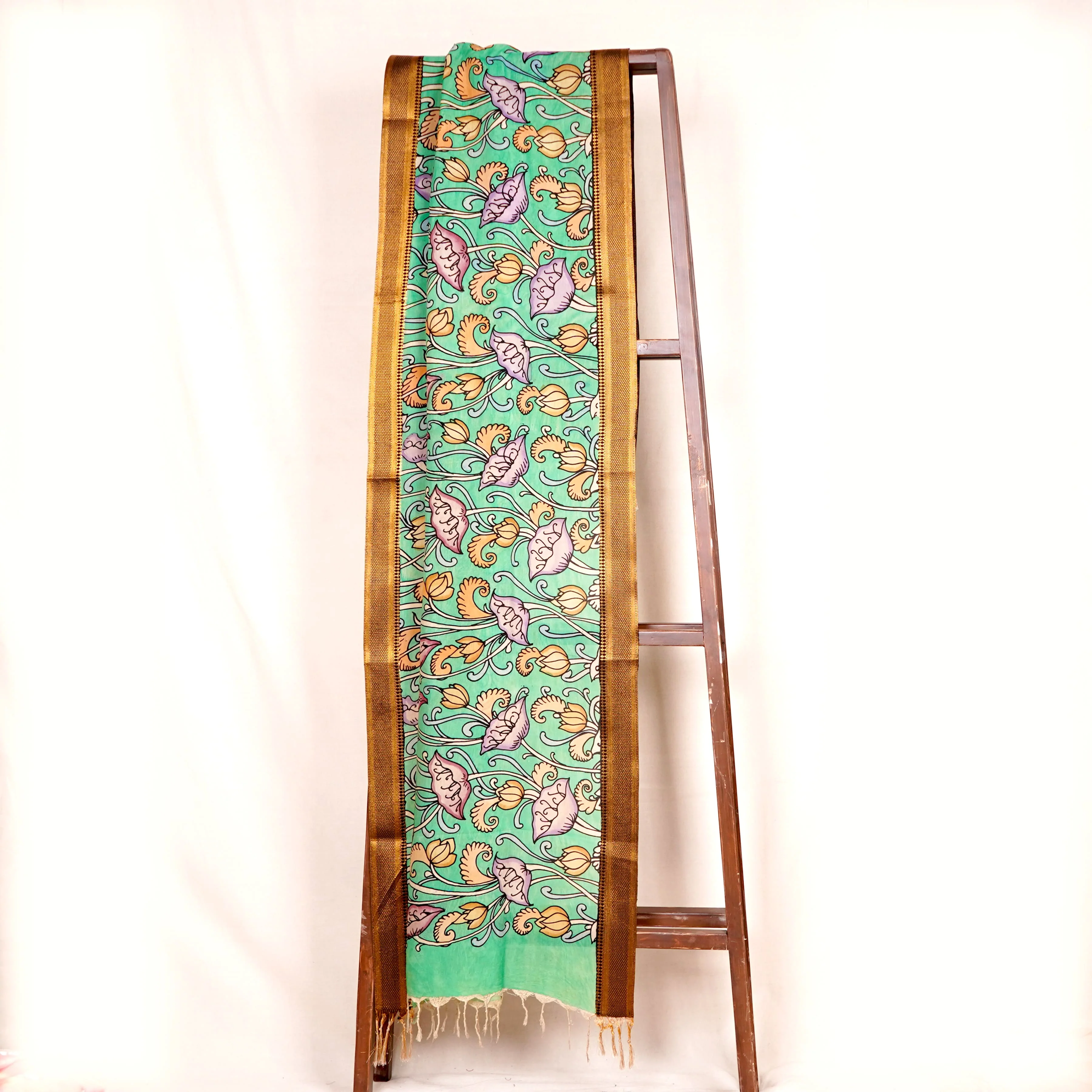 Green Pen Kalamkari Cotton Silk Dupatta - Image 2